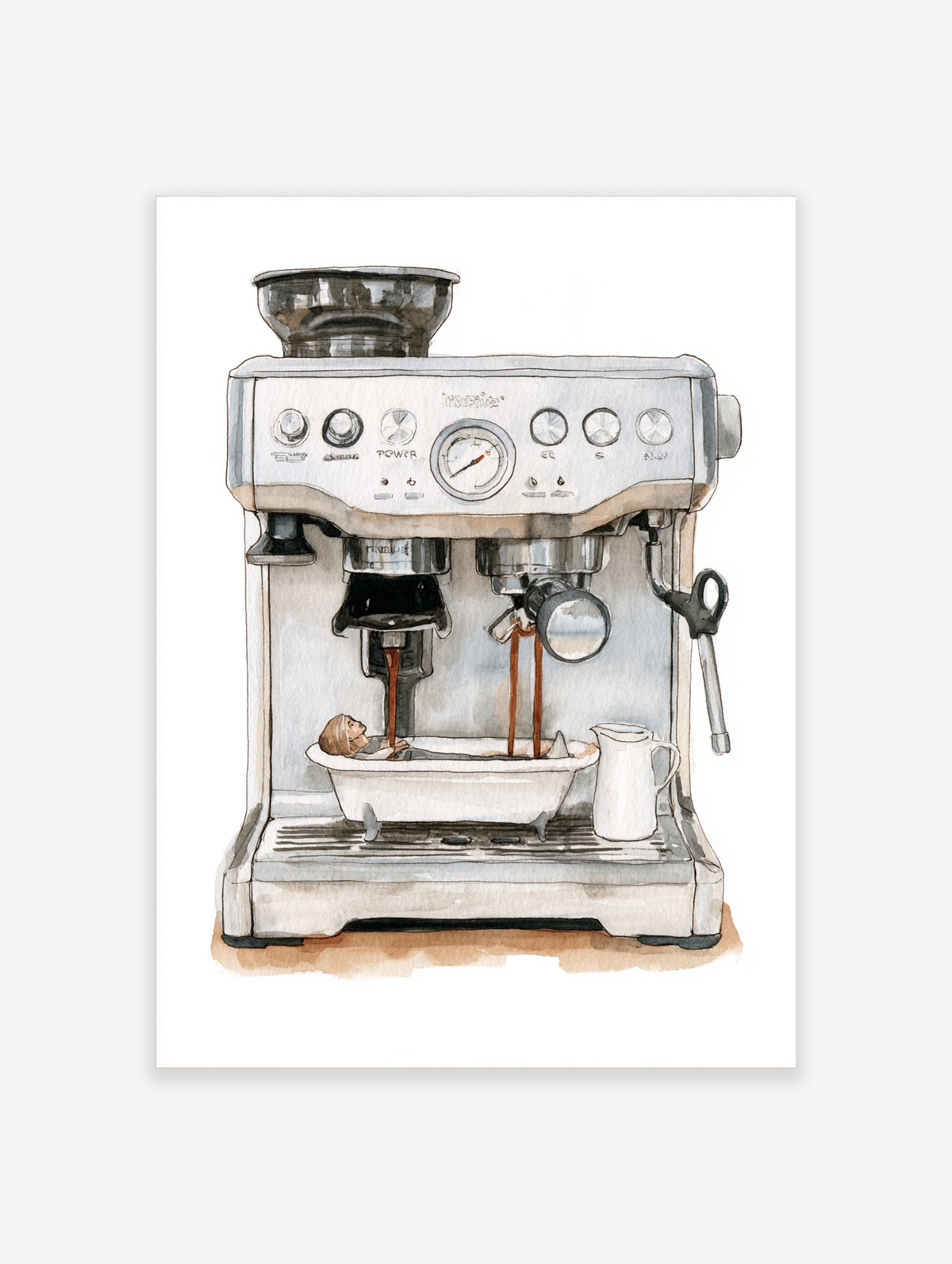 Surreal espresso machine poster with figure bathing in coffee under portafilter
