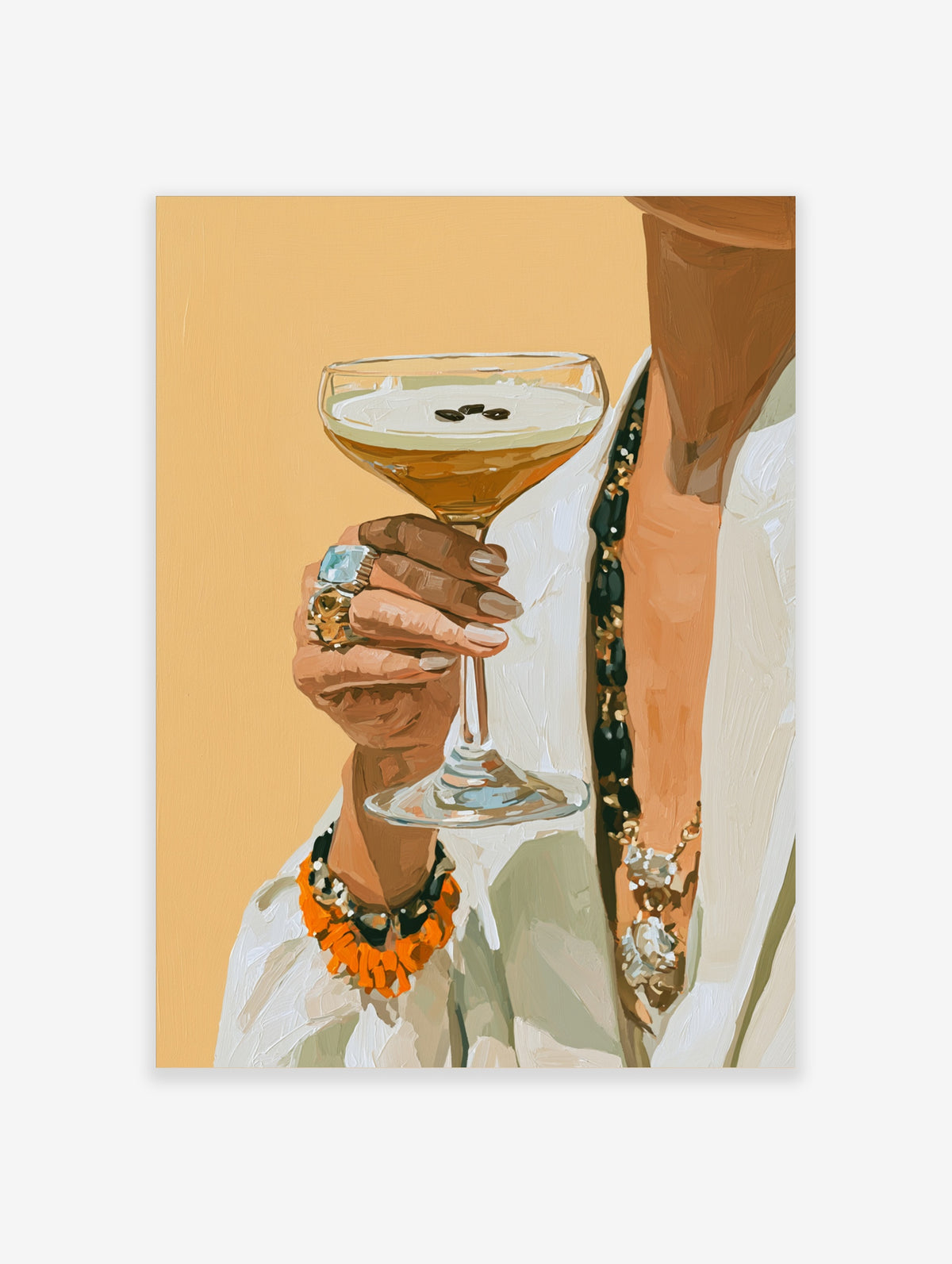 Espresso martini cocktail poster with hand holding glass, turquoise ring and orange bracelet on beige background
