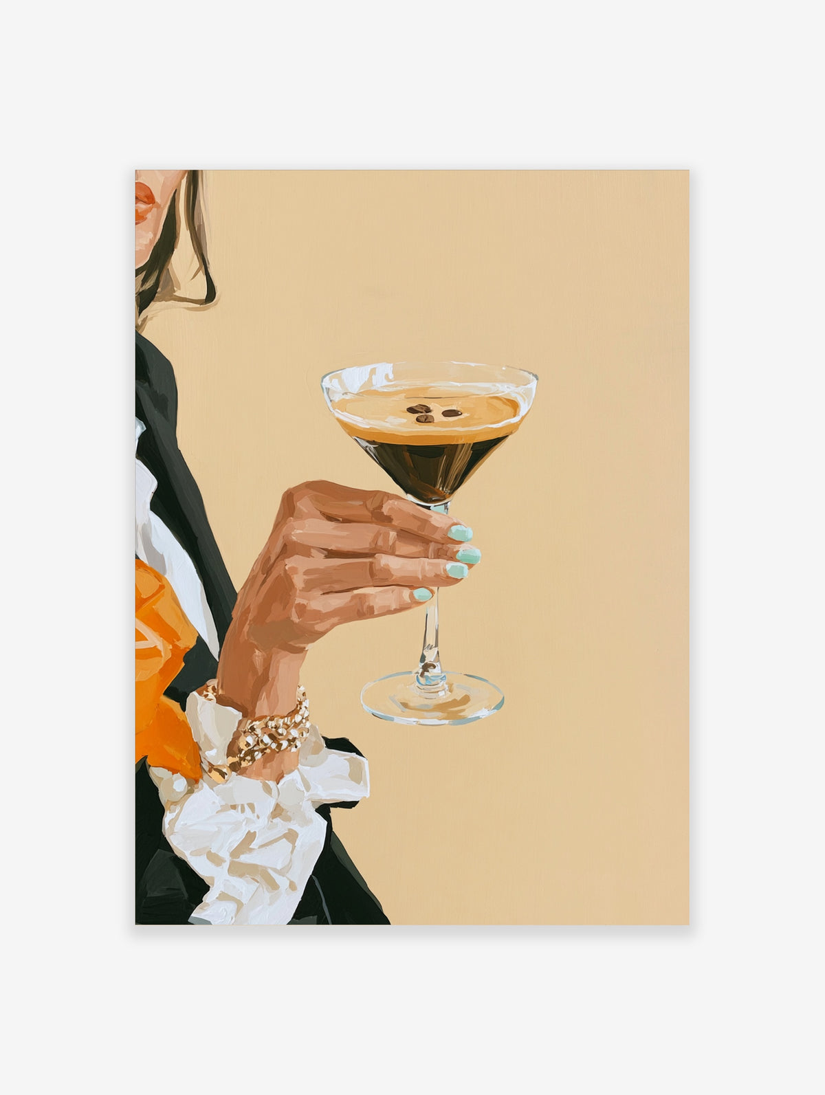 Espresso martini cocktail poster with hand holding glass, coffee beans and mint nails on beige background