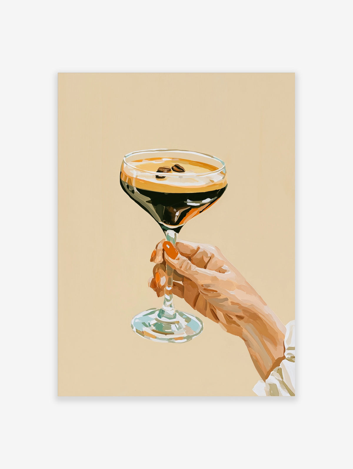 Espresso martini cocktail poster with hand holding coupe glass and three coffee beans on beige background