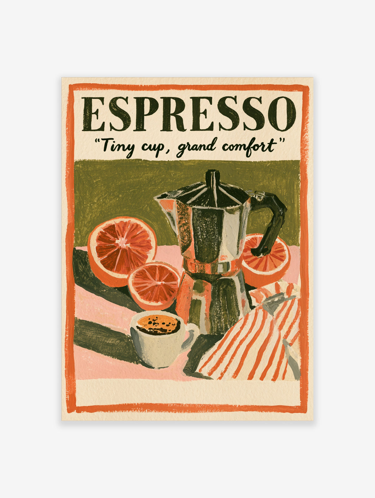 Espresso moka pot poster with blood oranges, filled cup, and bold typography on olive and pink background