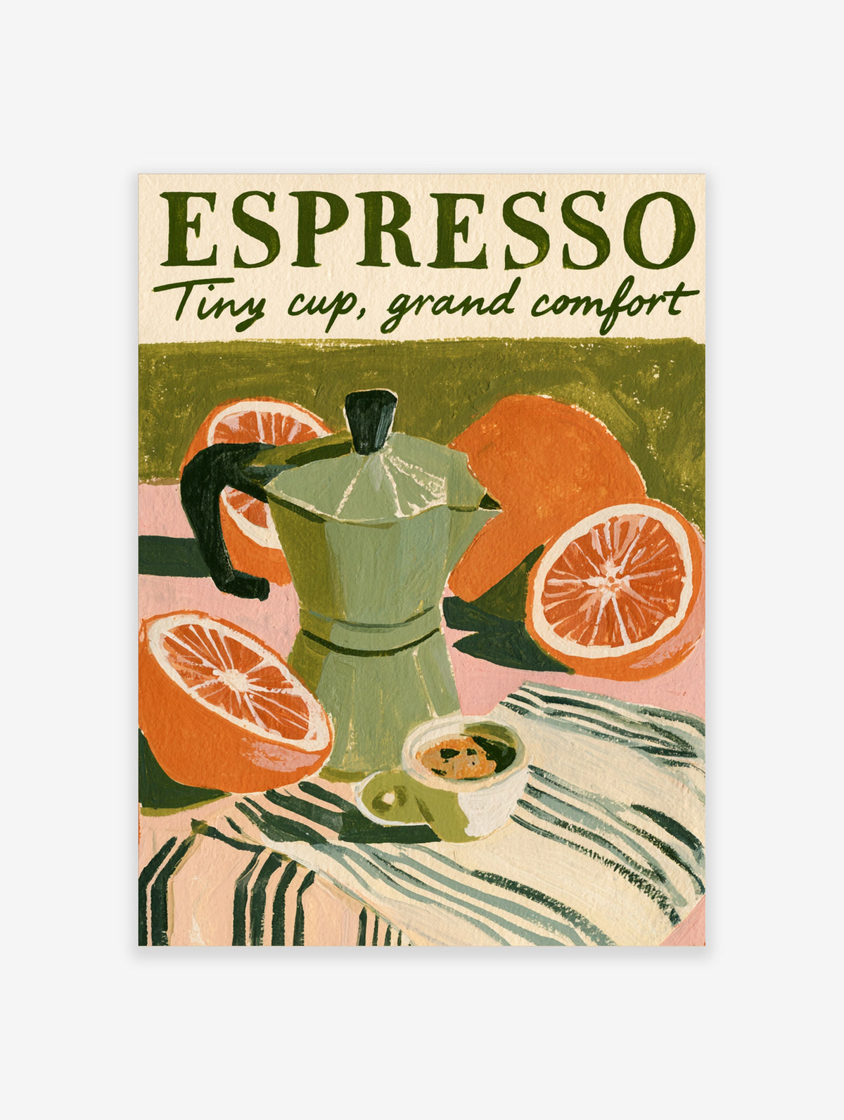 Espresso moka pot poster with orange slices, green typography, and striped cloth on pink background