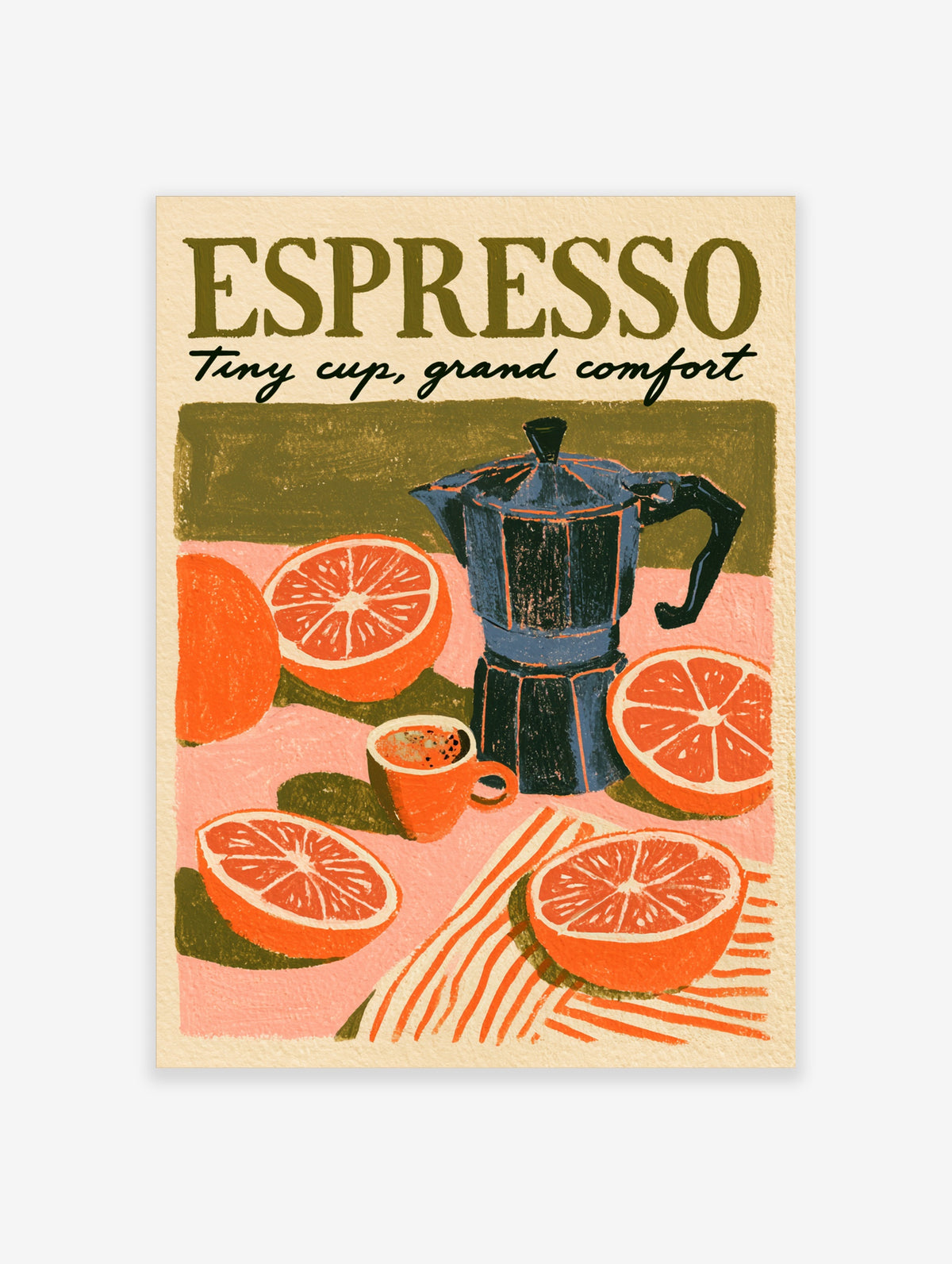 Espresso poster with blue moka pot, sliced oranges, orange cup, and bold text on pink and olive background