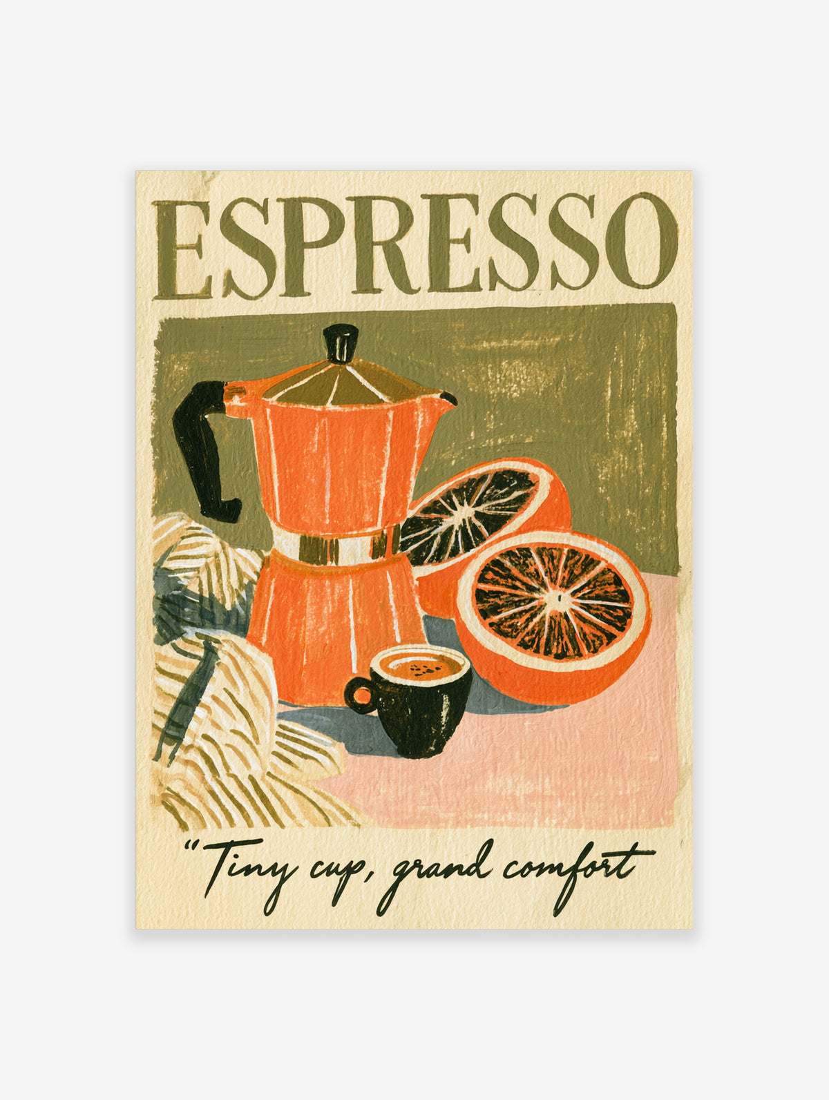 Espresso moka pot poster with orange coffee maker, sliced blood oranges, black cup, and bold typography