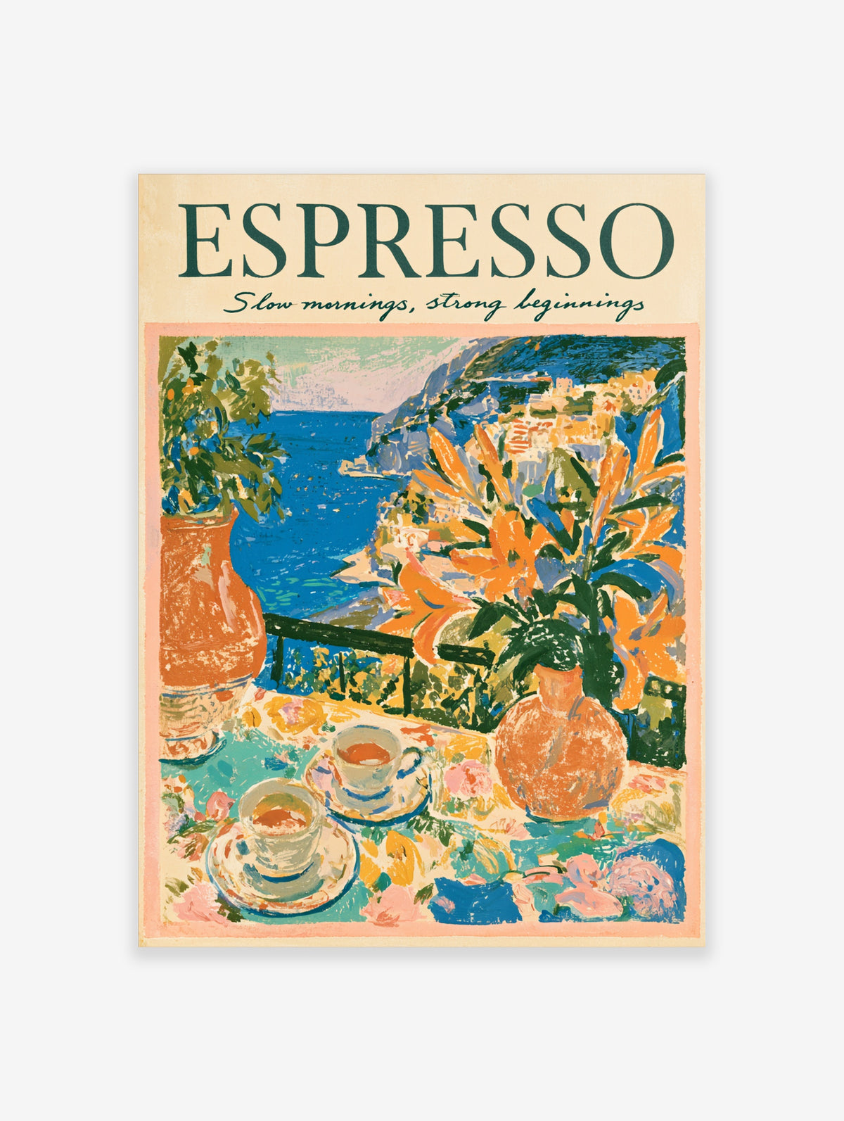Espresso poster of an Amalfi coast terrace with orange lilies, blue sea, and two espresso cups on a floral table