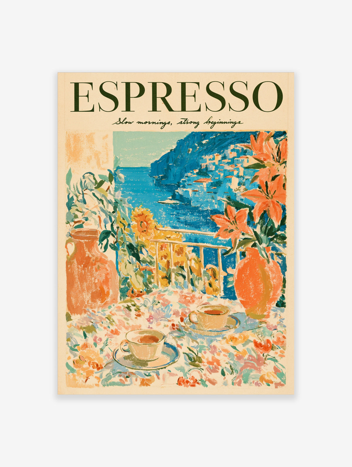 Espresso poster with two coffee cups on a floral table, orange vases, coral lilies, and a blue coastal village view