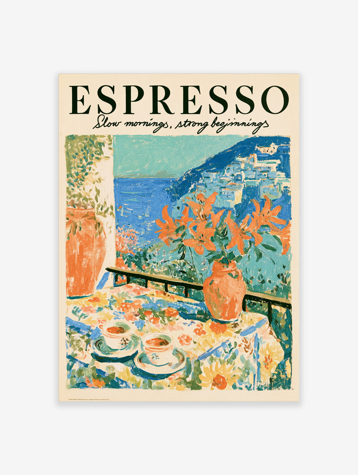 Espresso poster with two coffee cups, orange lilies, and a blue coastal village view