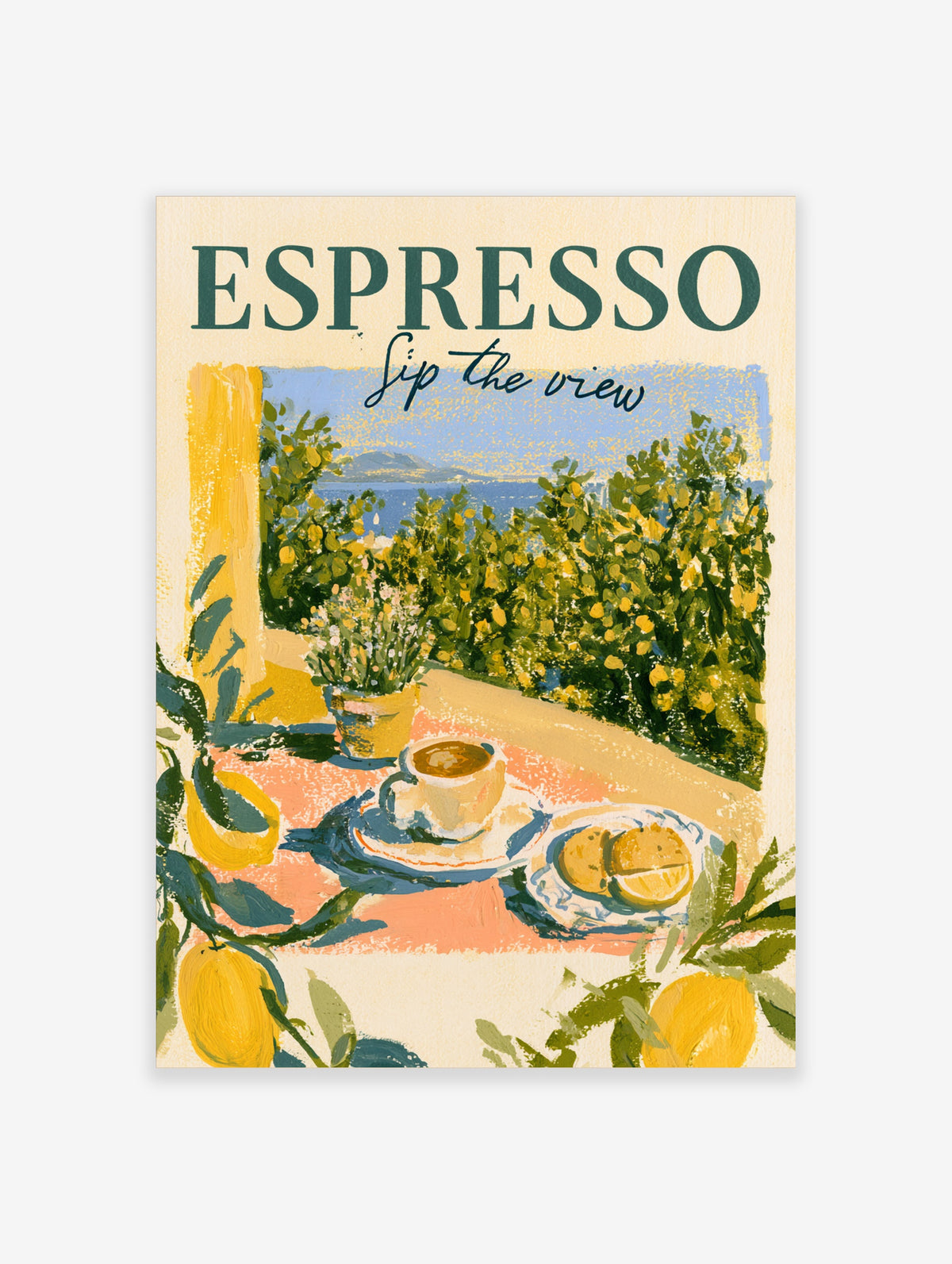 Espresso poster with coffee cup, lemon slice, lemon trees, blue sea, and 'sip the view' text