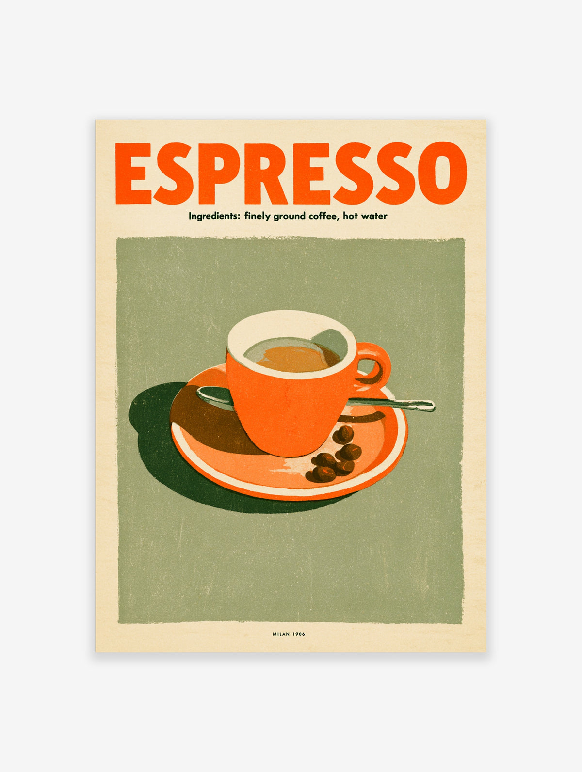 Espresso poster with orange cup, saucer, coffee beans, and bold orange typography on a green background