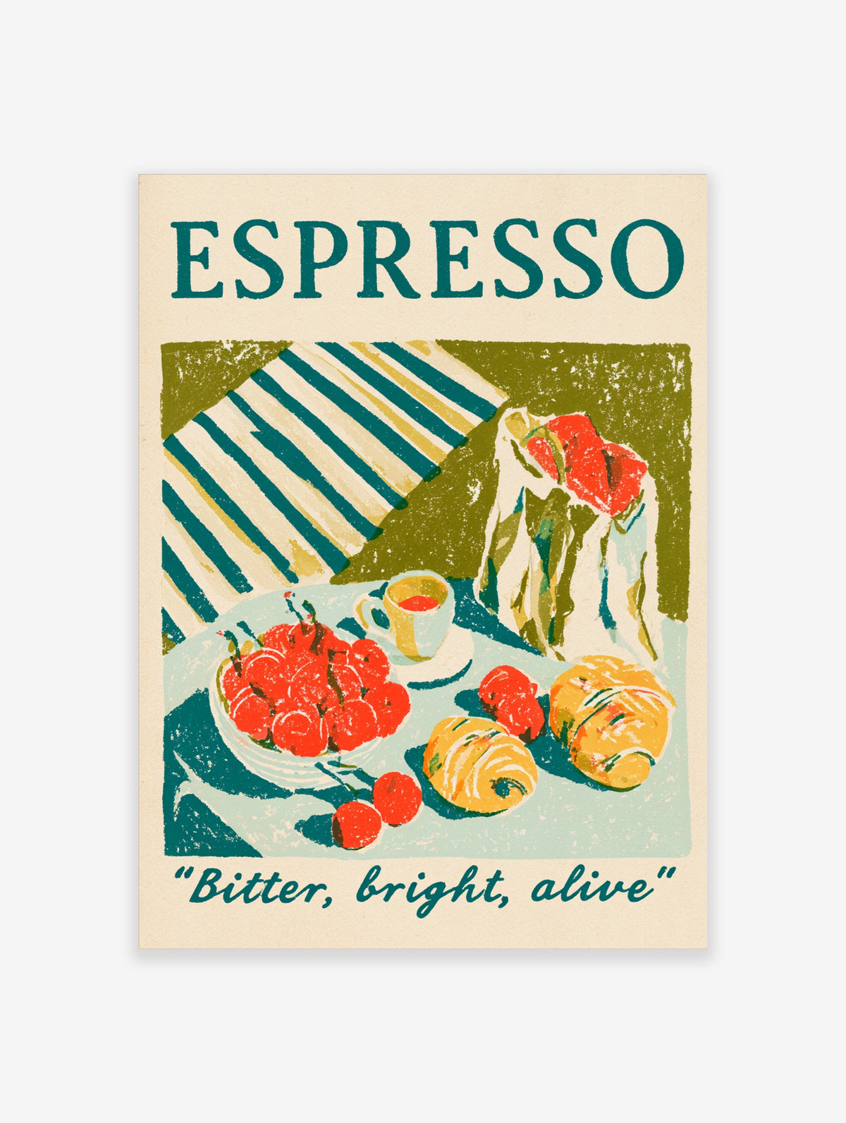 Espresso retro poster with coffee cup, tomatoes, pastries, striped awning and teal typography