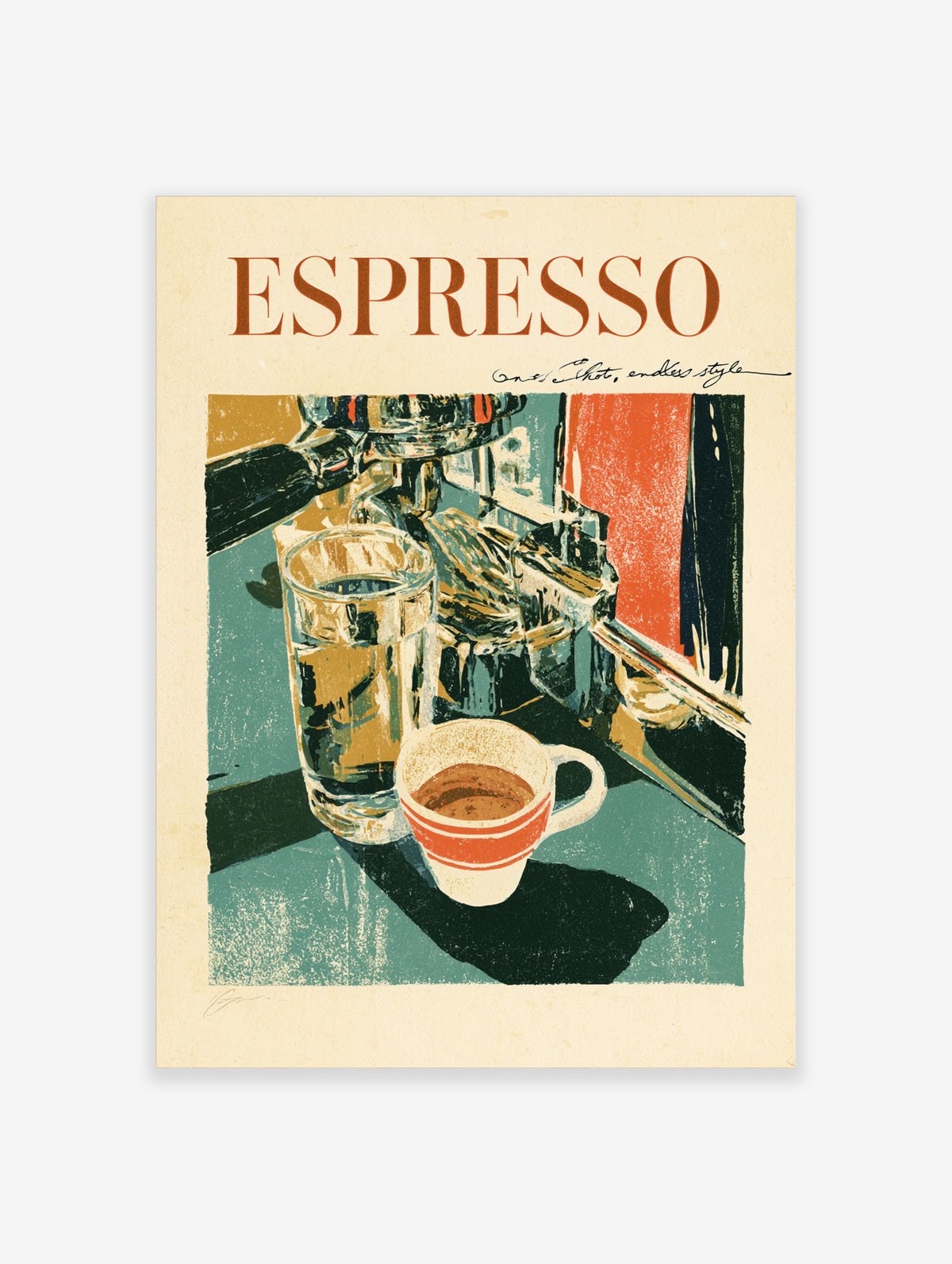 Espresso poster with red-striped cup, glass of water, and coffee machine on teal counter