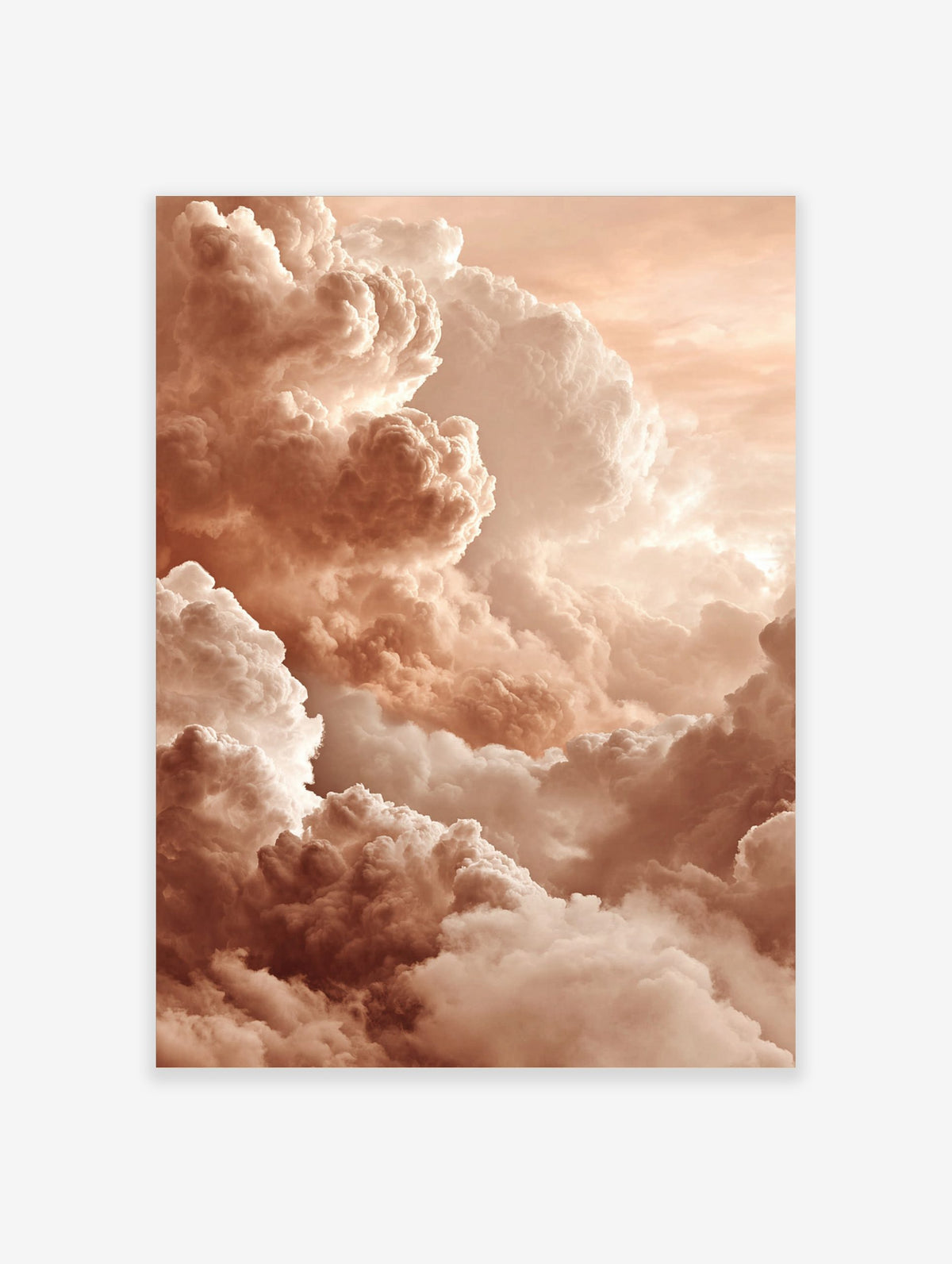 Close-up of voluminous, textured clouds in warm peach and cream tones filling the sky