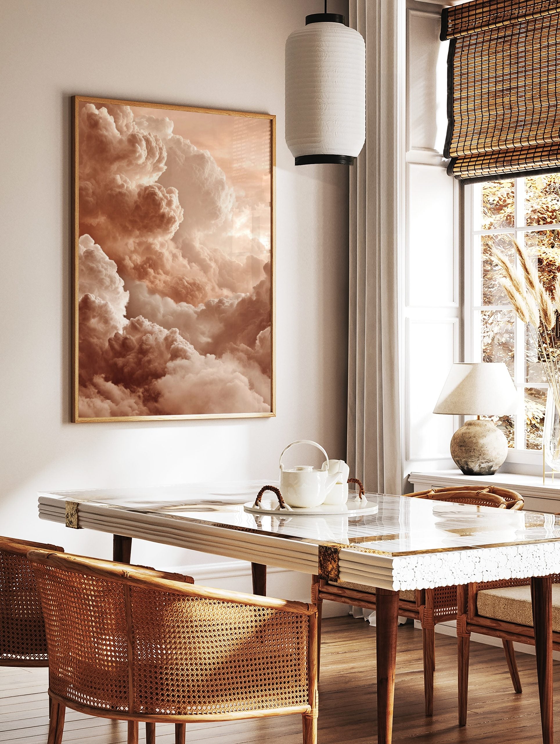 Close-up of voluminous, textured clouds in warm peach and cream tones filling the sky, in a styled room mockup