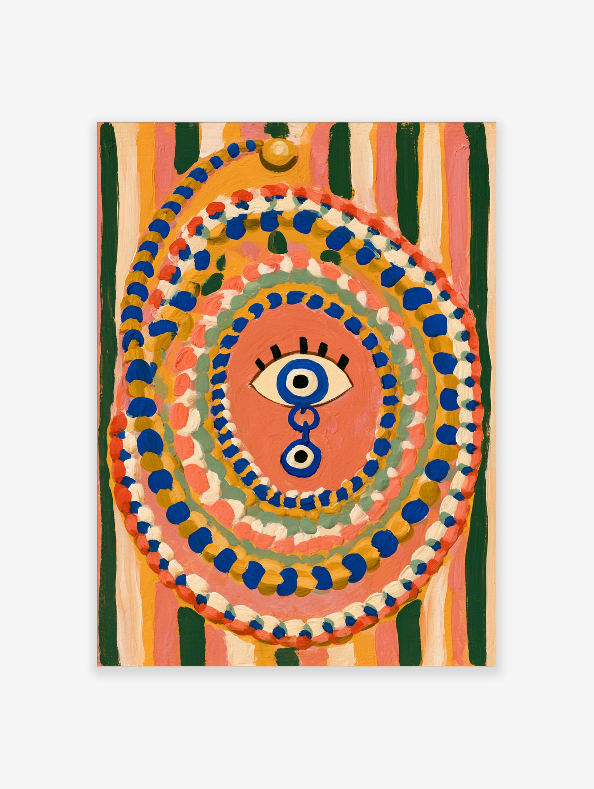 Evil eye wall art with blue and yellow concentric dots on a striped background, illustrative symbolic print