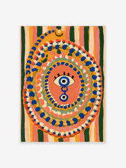 Evil eye wall art with blue and yellow concentric dots on a striped background, illustrative symbolic print