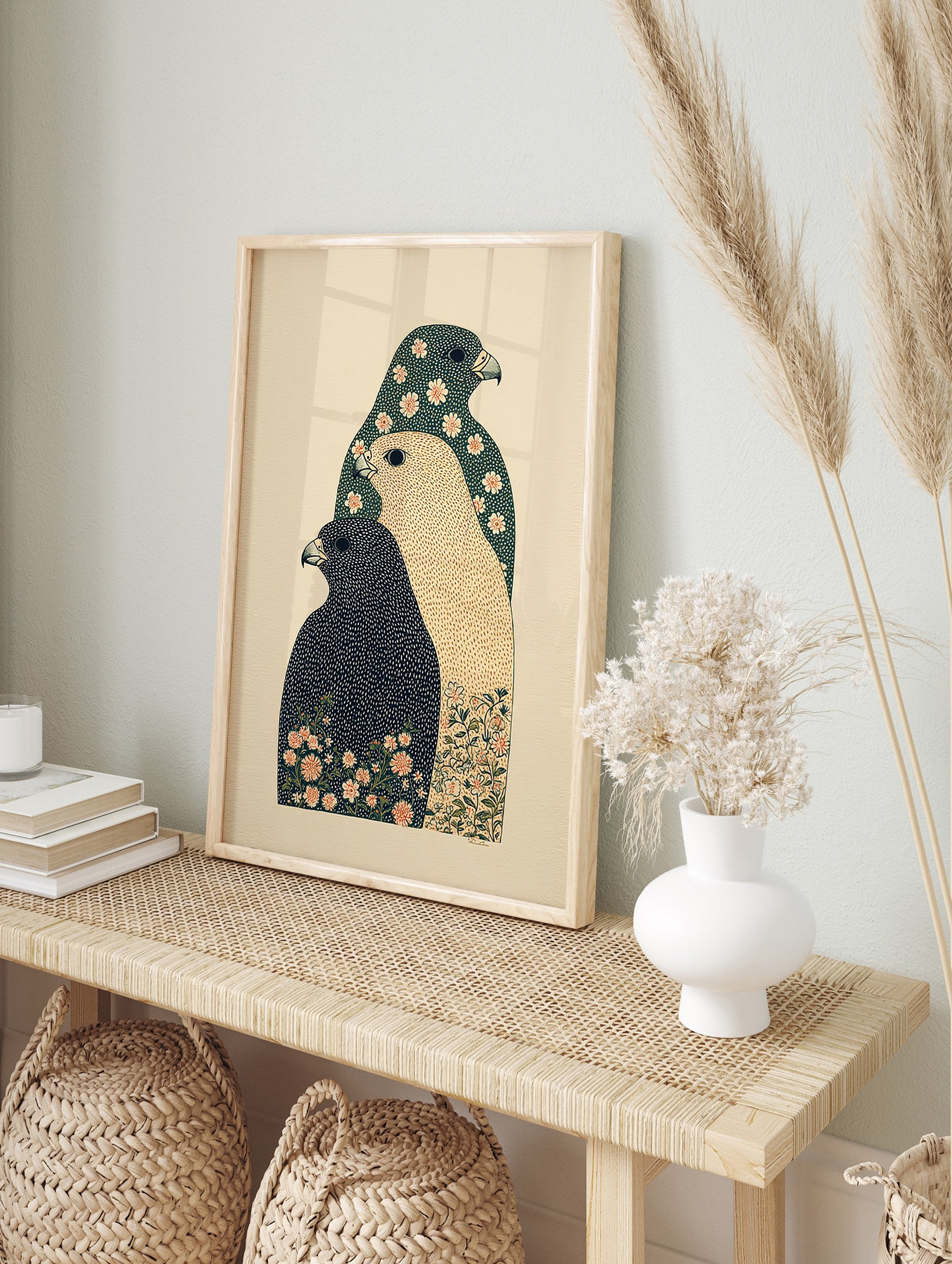 Falcon Bird Wall Art illustration of three stacked falcons with floral and dot patterns on a beige background - Image 3