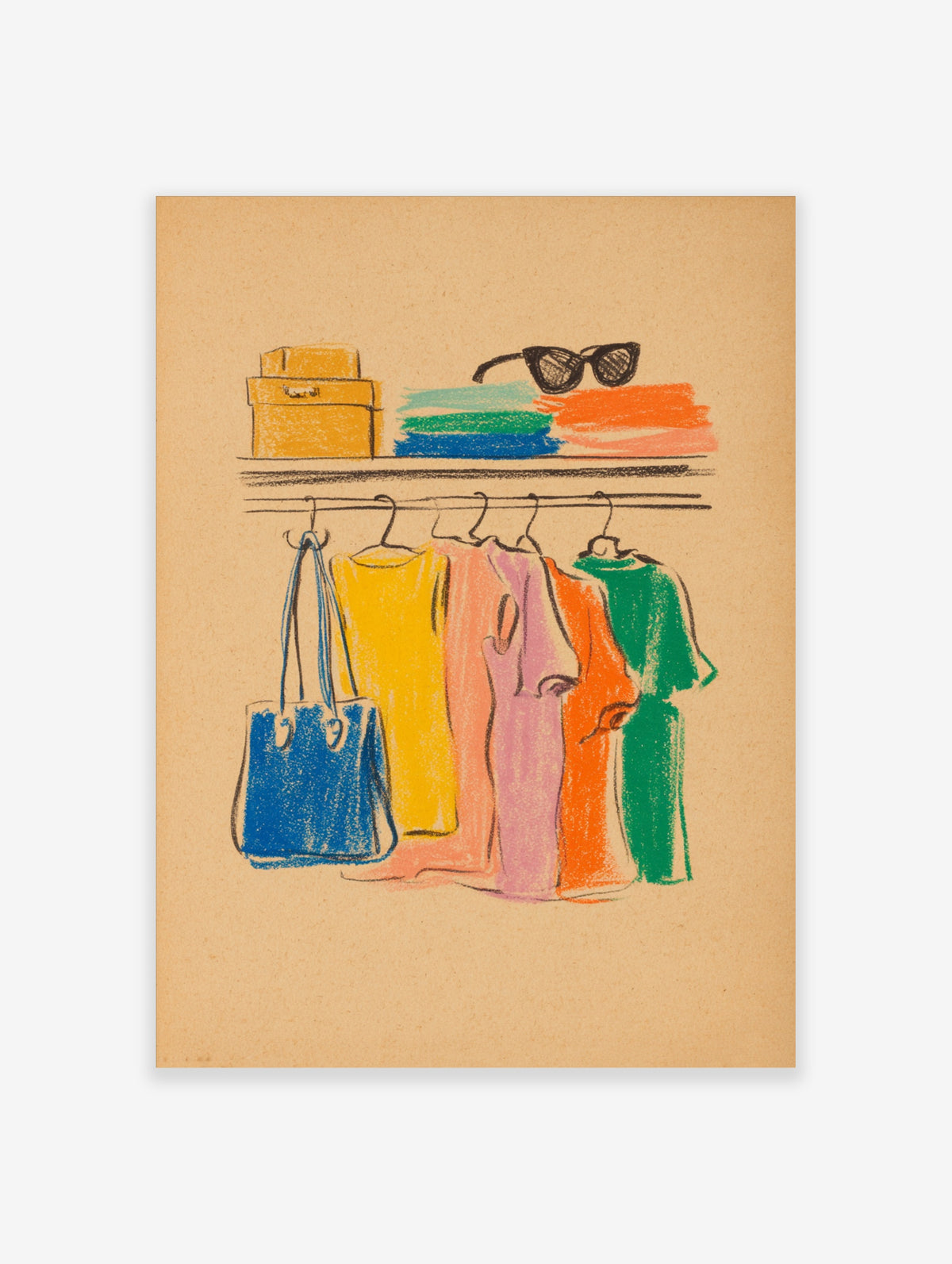 Fashion illustration poster of dresses and a blue bag on a wardrobe rail with folded clothes and sunglasses above