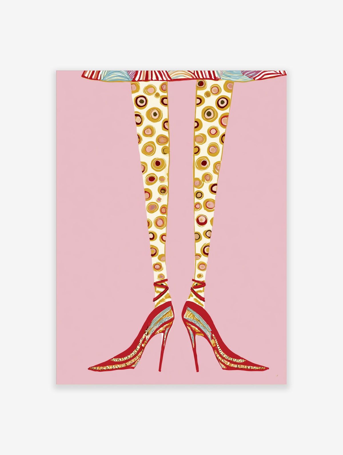 Fashion illustration poster of legs in patterned tights and red stiletto heels on pink background