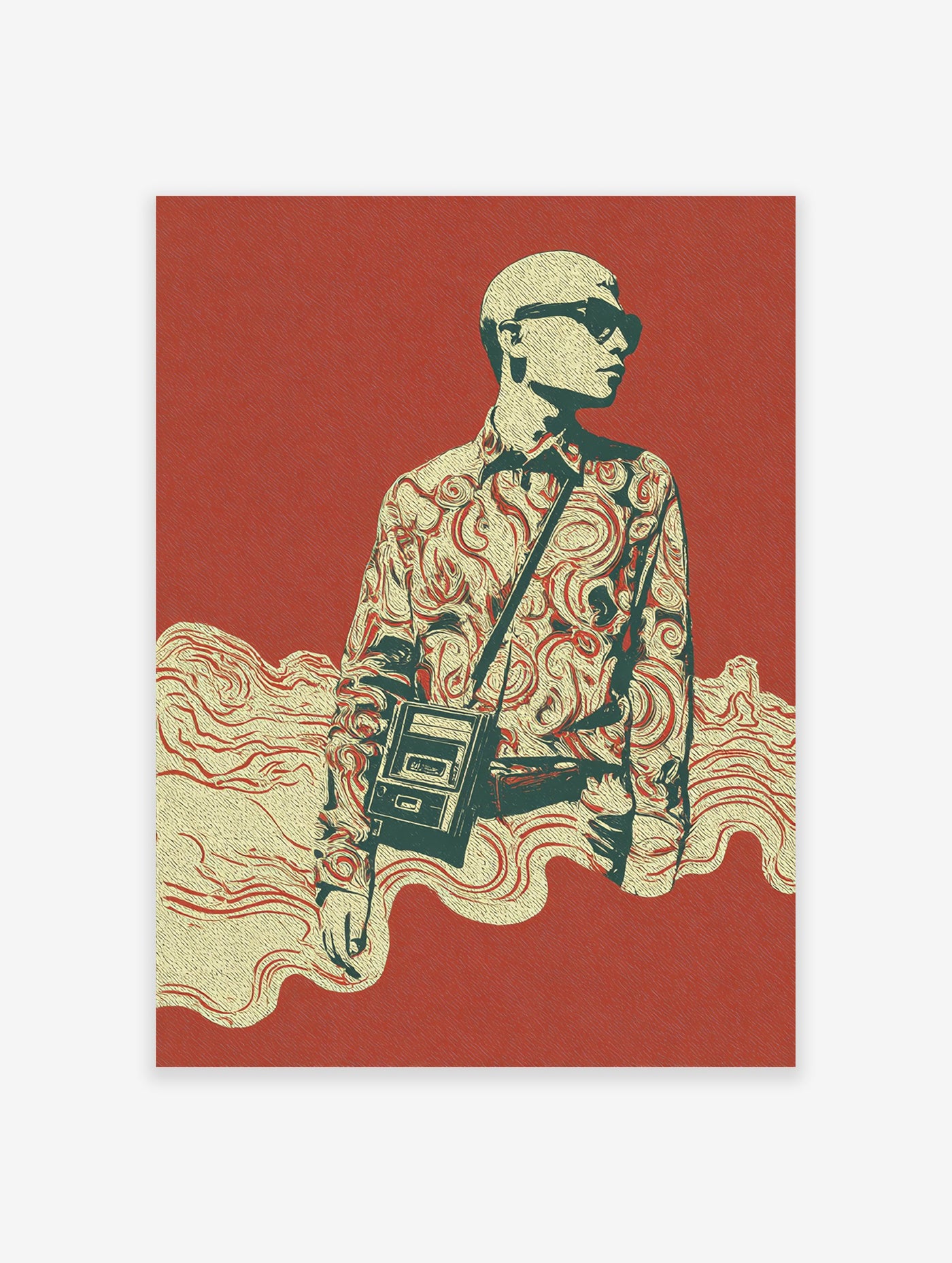 Stylized fashion illustration poster featuring a figure in sunglasses and patterned shirt on a red background.