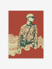 Stylized fashion illustration poster featuring a figure in sunglasses and patterned shirt on a red background.