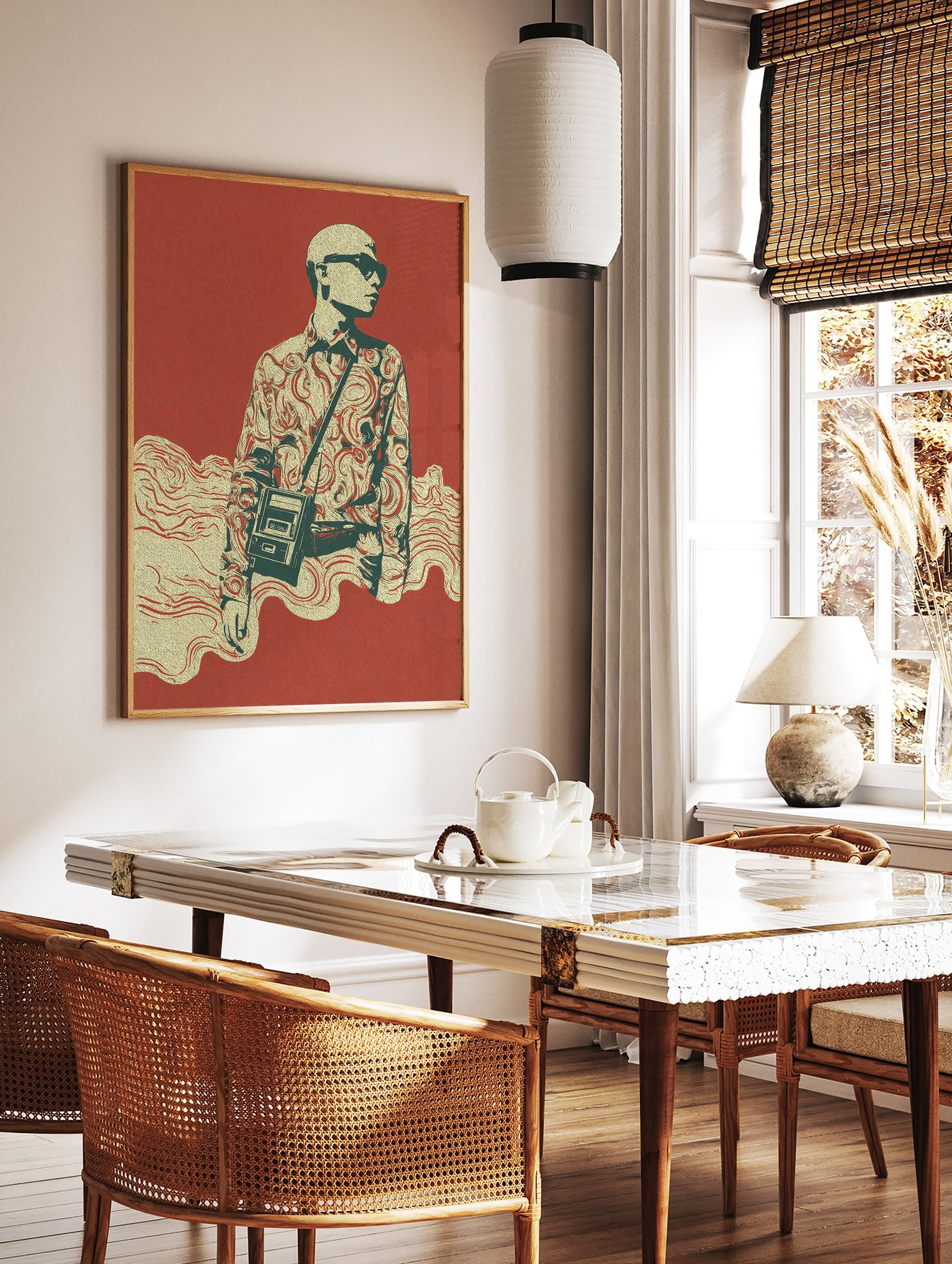 Stylized fashion illustration poster featuring a figure in sunglasses and patterned shirt on a red background. - Image 2