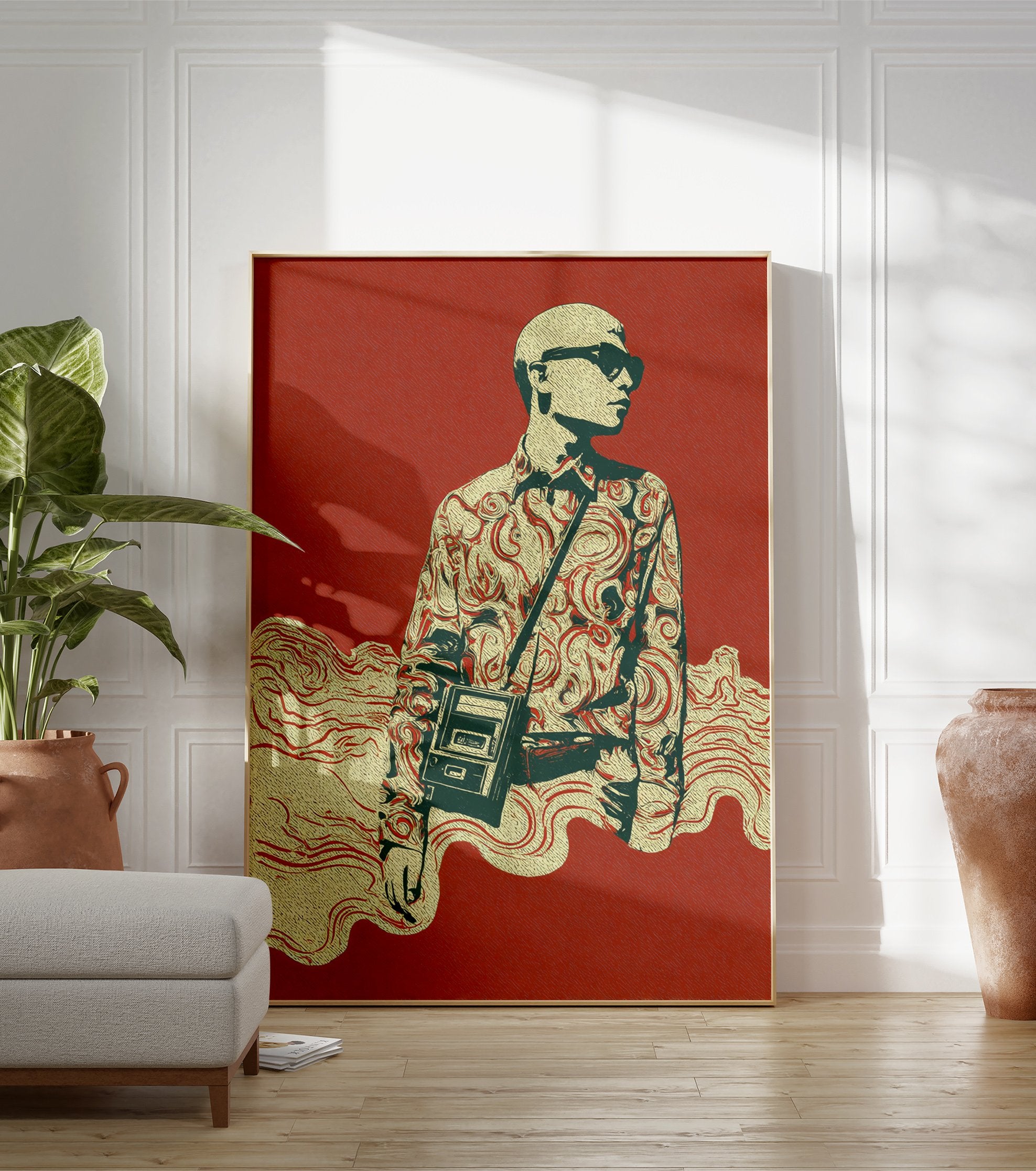 Stylized fashion illustration poster featuring a figure in sunglasses and patterned shirt on a red background. - Image 3