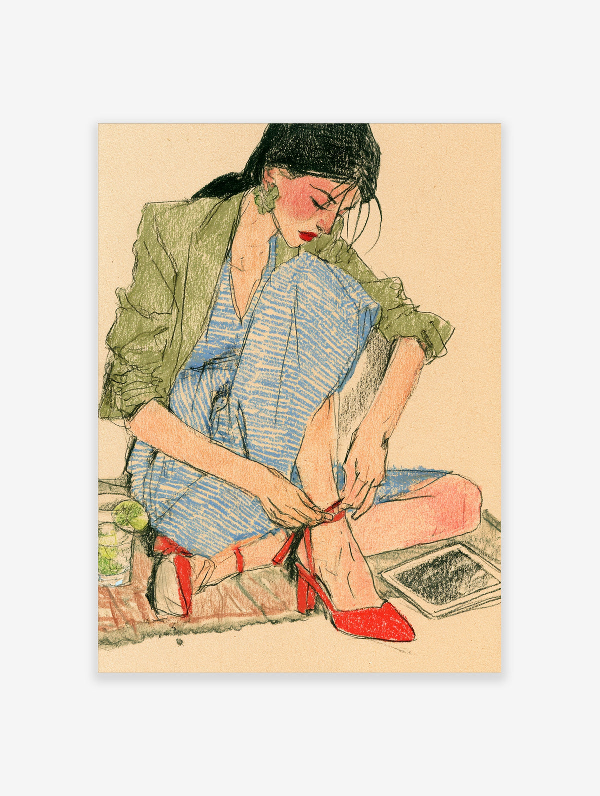Fashion illustration poster of a seated woman in a green jacket and blue dress adjusting a red heel
