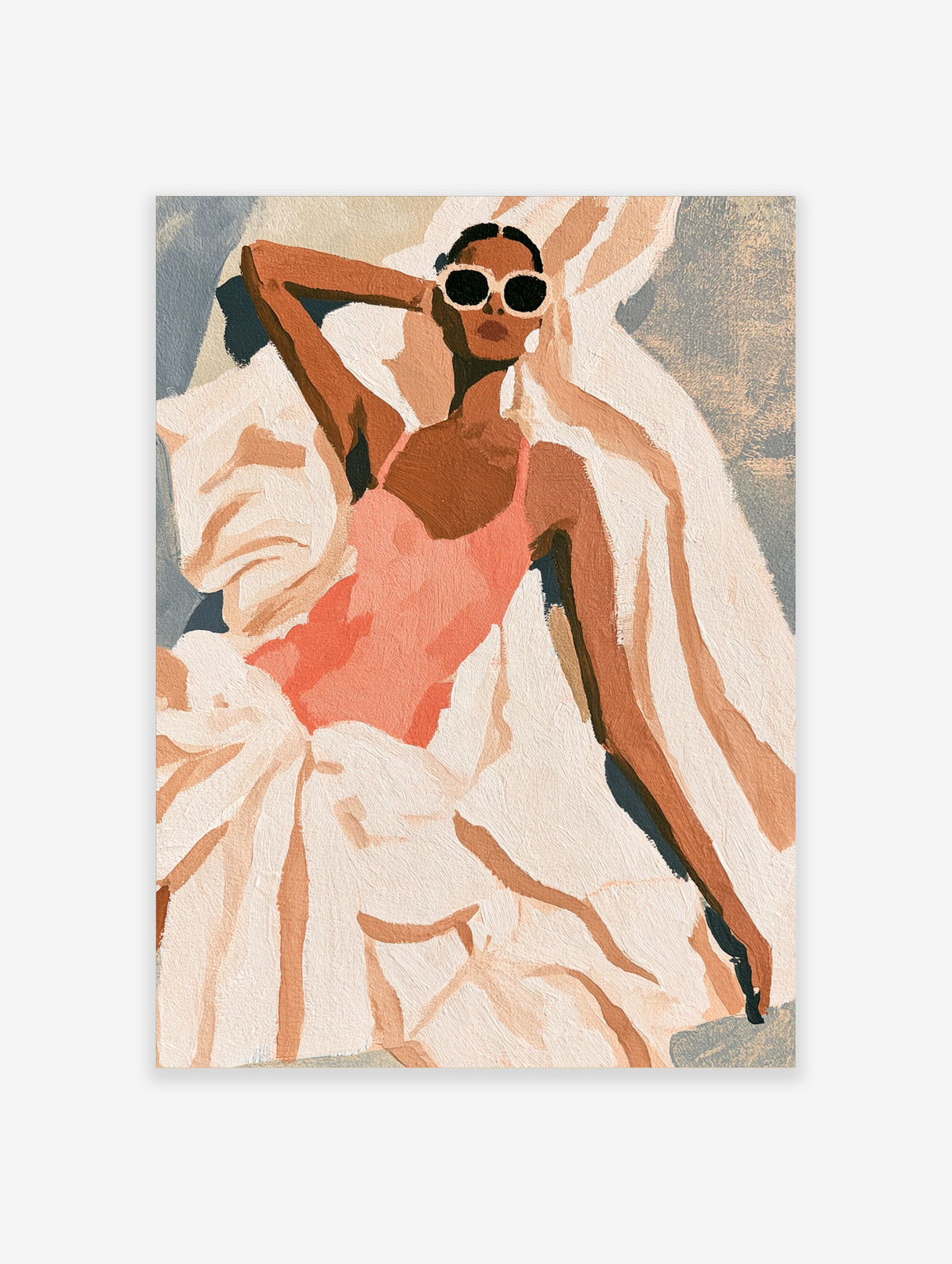 Fashion illustration poster of woman in pink swimsuit and white sunglasses reclining on white fabric