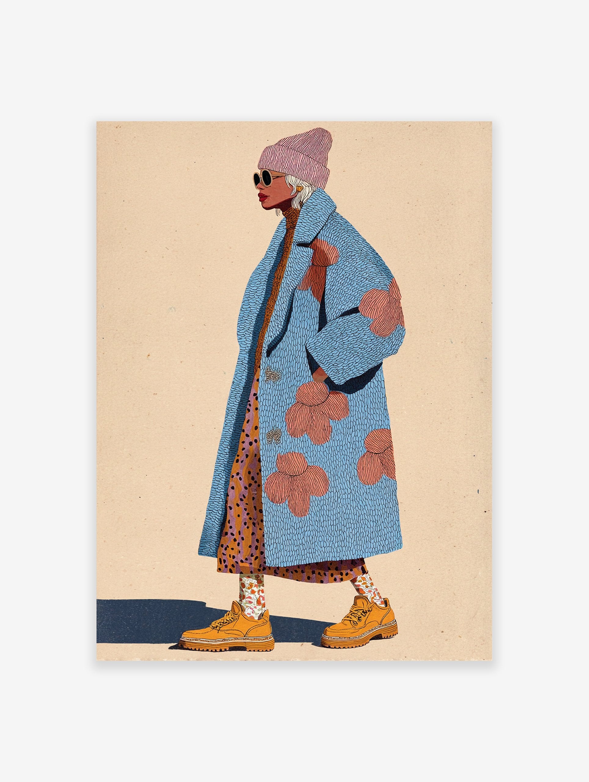 Fashion illustration of a stylish woman wearing a textured blue coat with pink flowers, a pink beanie, sunglasses, and orange boots.