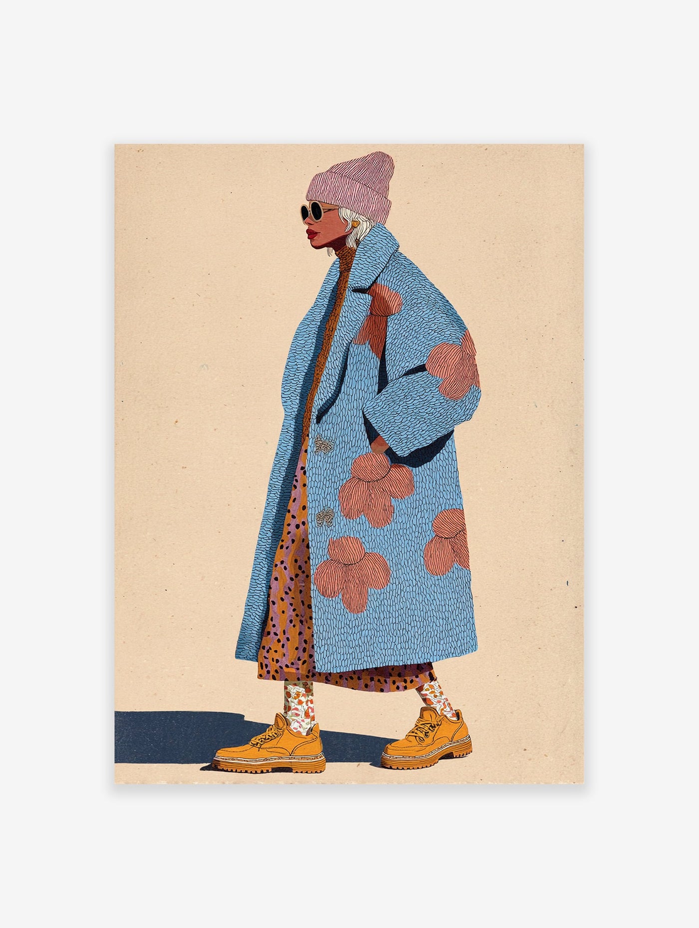 Fashion illustration of a stylish woman wearing a textured blue coat with pink flowers, a pink beanie, sunglasses, and orange boots.