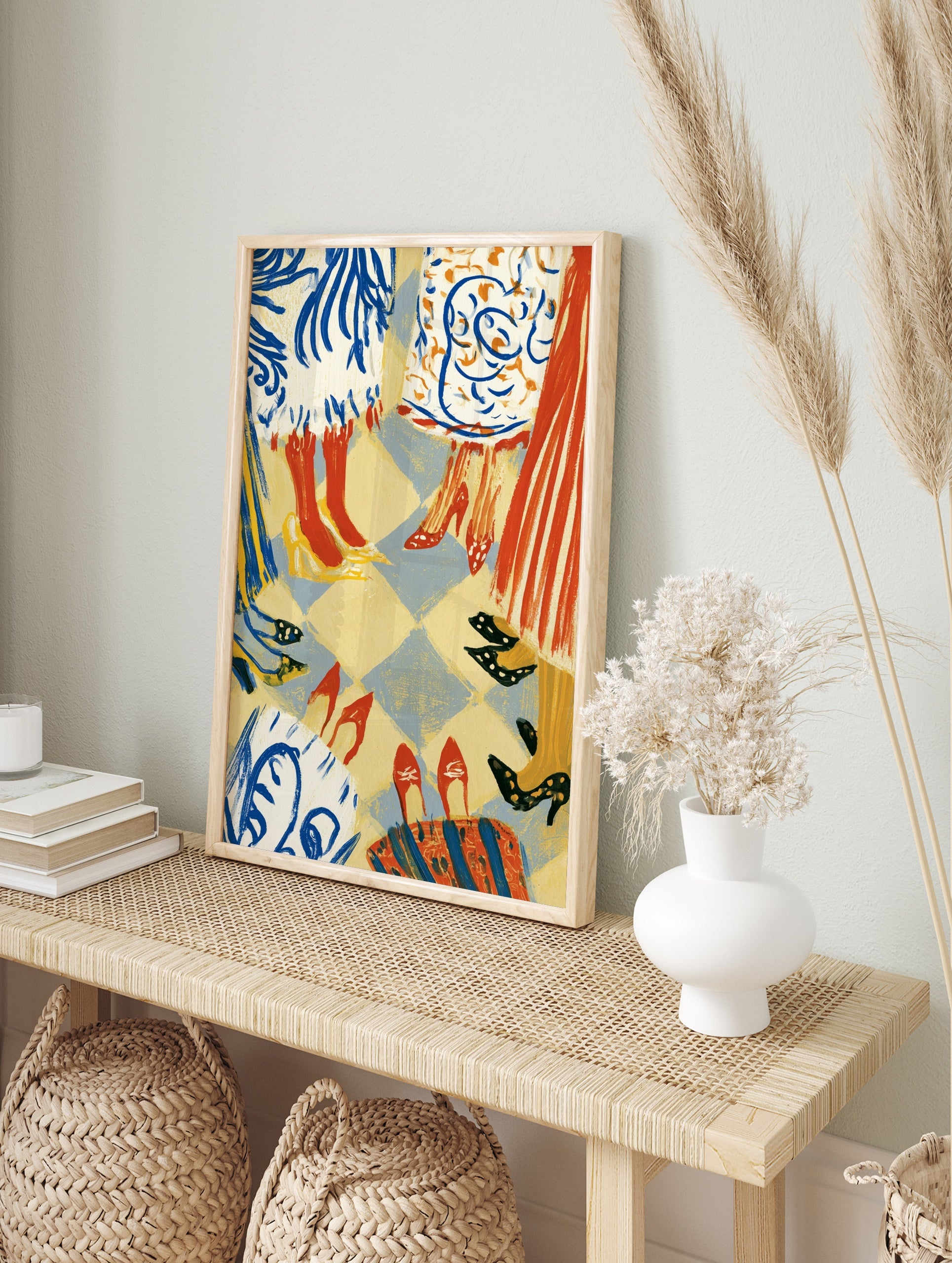 Fashion illustration art print featuring stylish women's legs and shoes on a checkered floor, in an alternate framed mockup