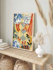 Fashion illustration art print featuring stylish women's legs and shoes on a checkered floor, in an alternate framed mockup