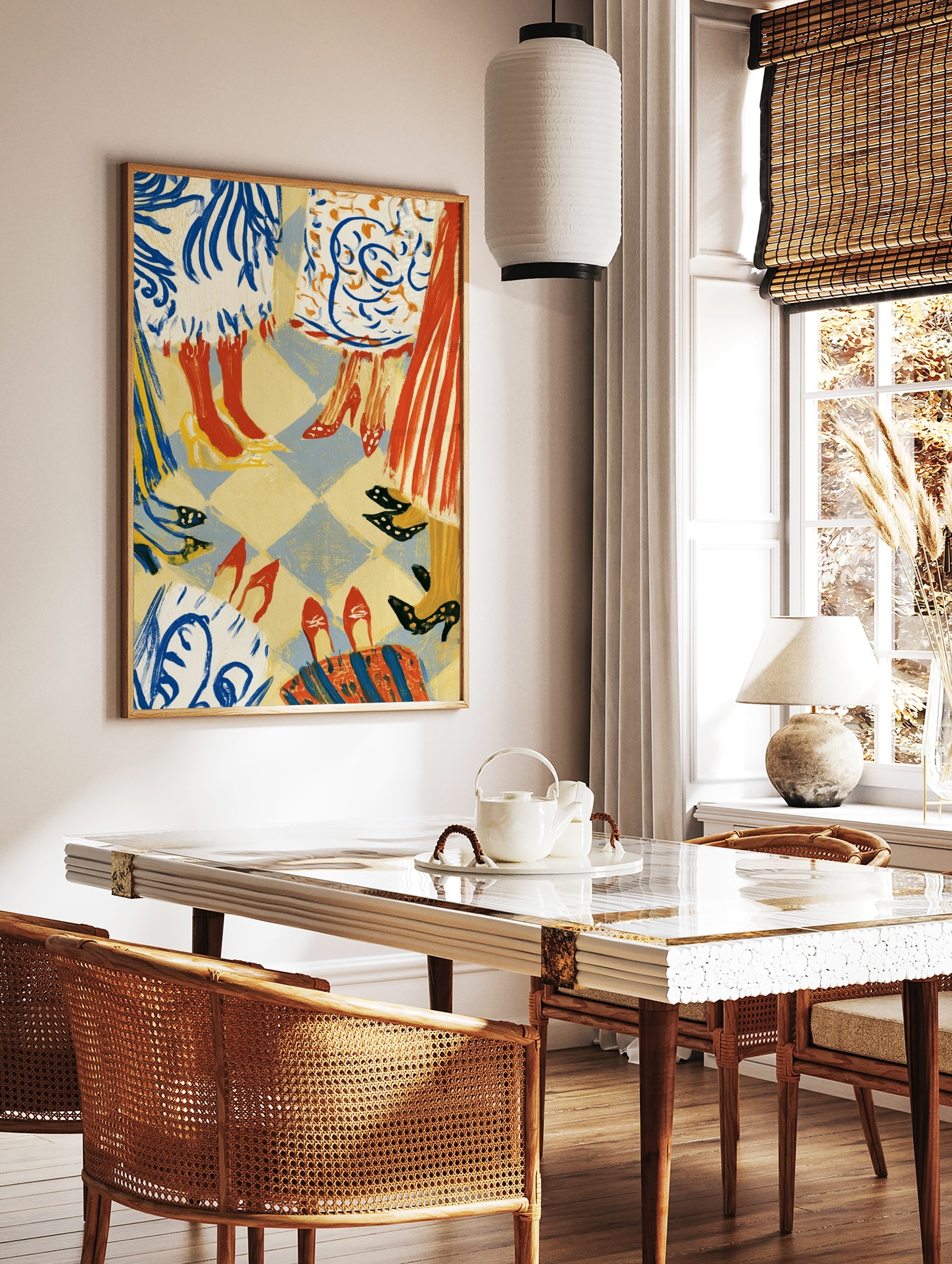 Fashion illustration art print featuring stylish women's legs and shoes on a checkered floor, in a styled room mockup