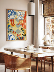 Fashion illustration art print featuring stylish women's legs and shoes on a checkered floor, in a styled room mockup