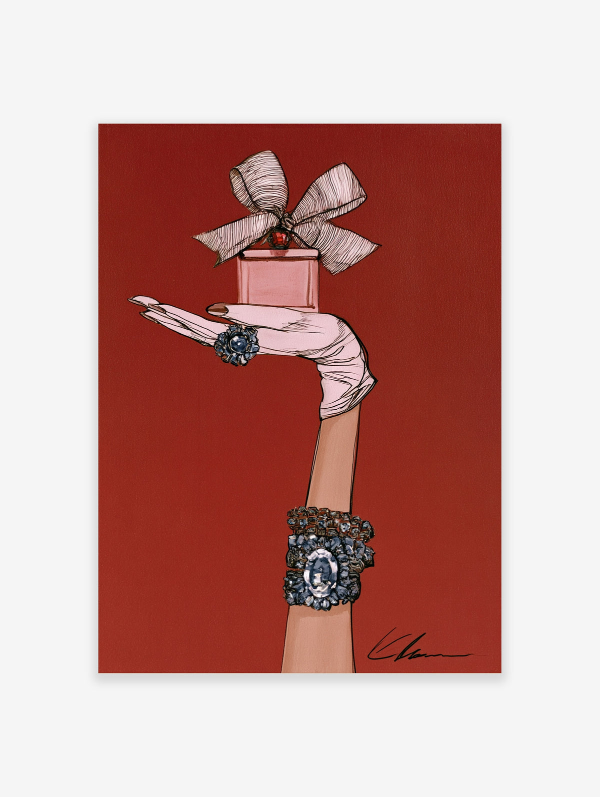 Fashion illustration of a gloved hand holding a pink perfume bottle with blue jewel ring and bracelet on red background