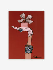 Fashion illustration of a gloved hand holding a pink perfume bottle with blue jewel ring and bracelet on red background