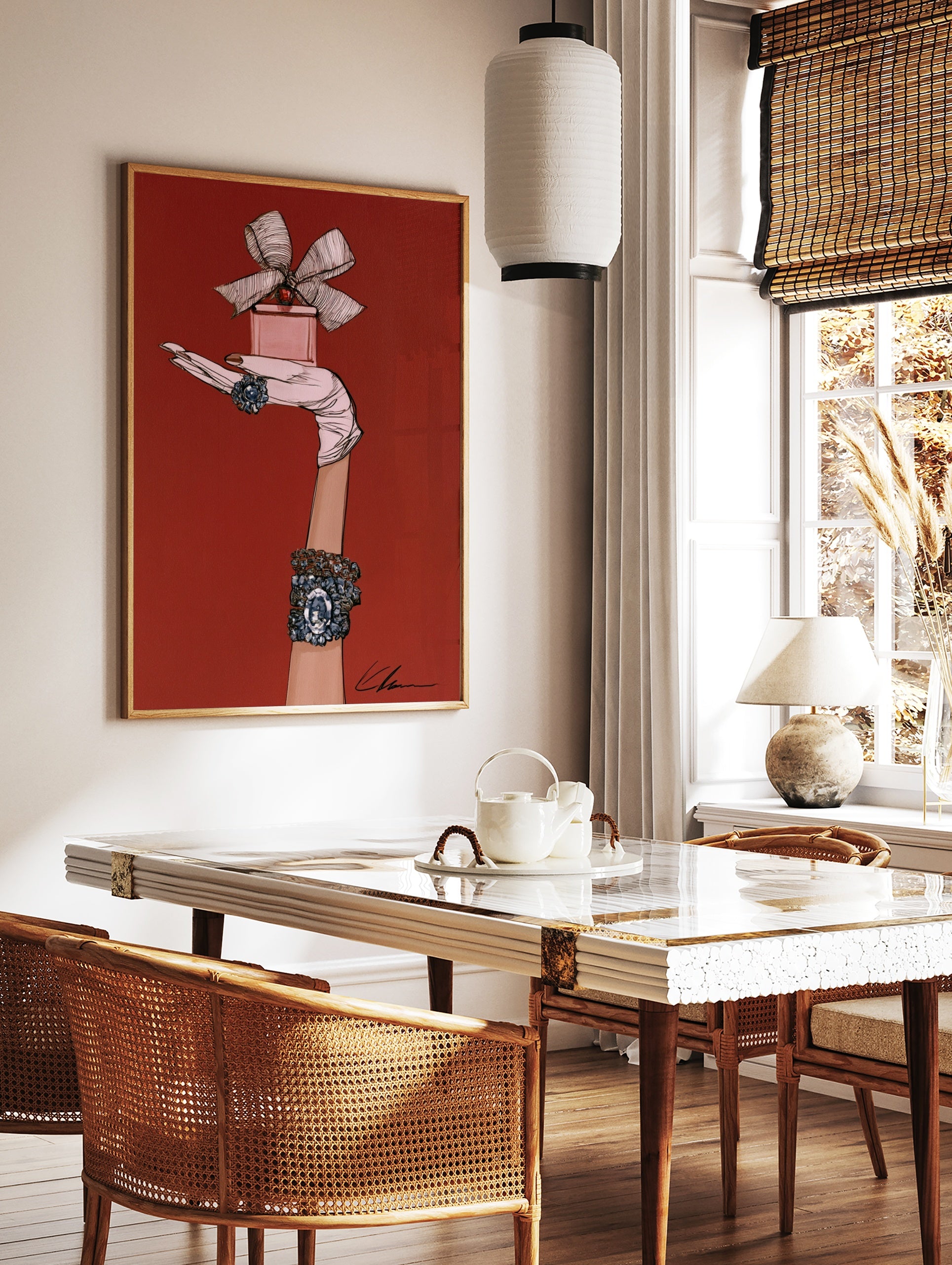 Fashion illustration of a gloved hand holding a pink perfume bottle with blue jewel ring and, in a styled room mockup
