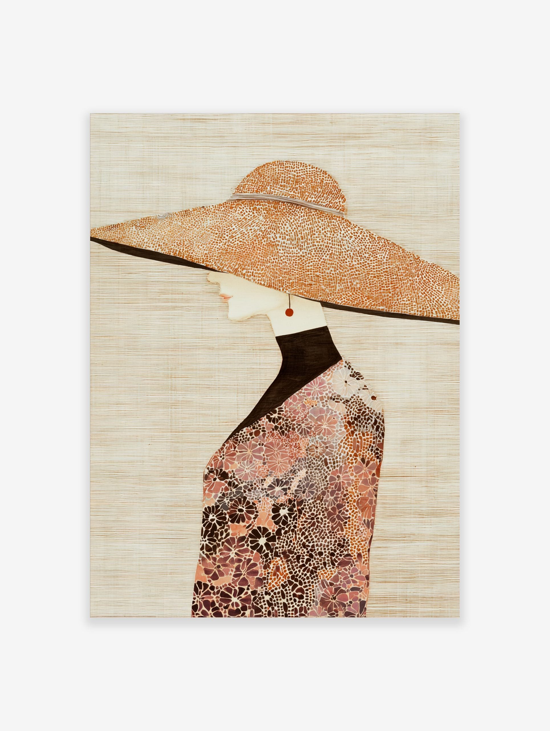 Fashion illustration of a woman in profile wearing a large, textured hat and floral patterned top in earth tones