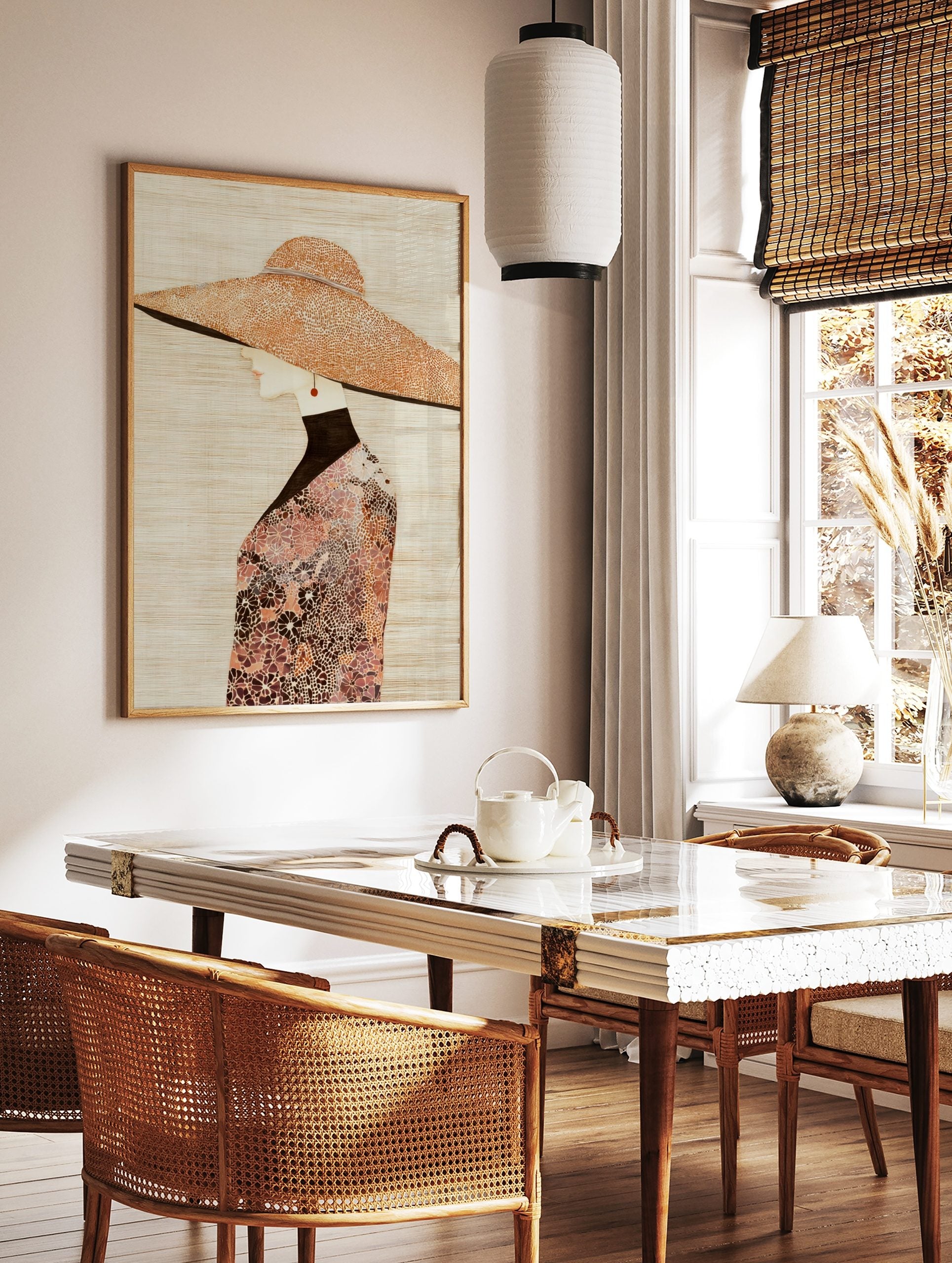 Fashion illustration of a woman in profile wearing a large, textured hat and floral patterned top, in a styled room mockup