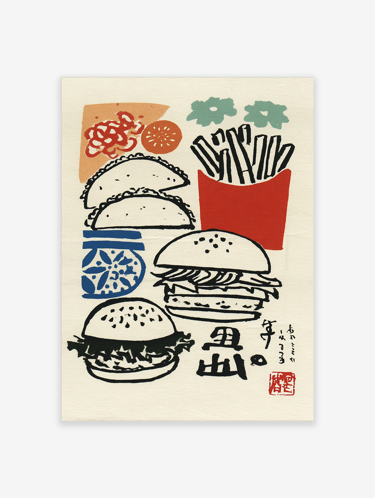 Retro Japanese woodblock style fast food poster with burgers, fries, tacos and kanji on cream background