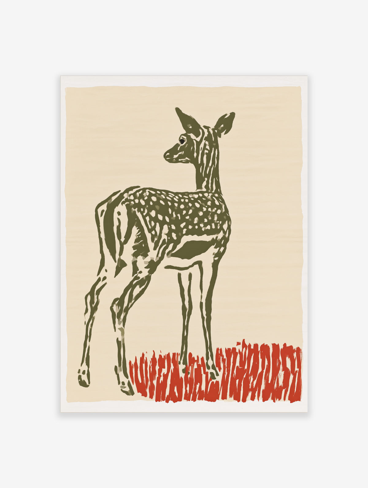 Olive green fawn deer illustration with speckled coat standing above red grass on cream background