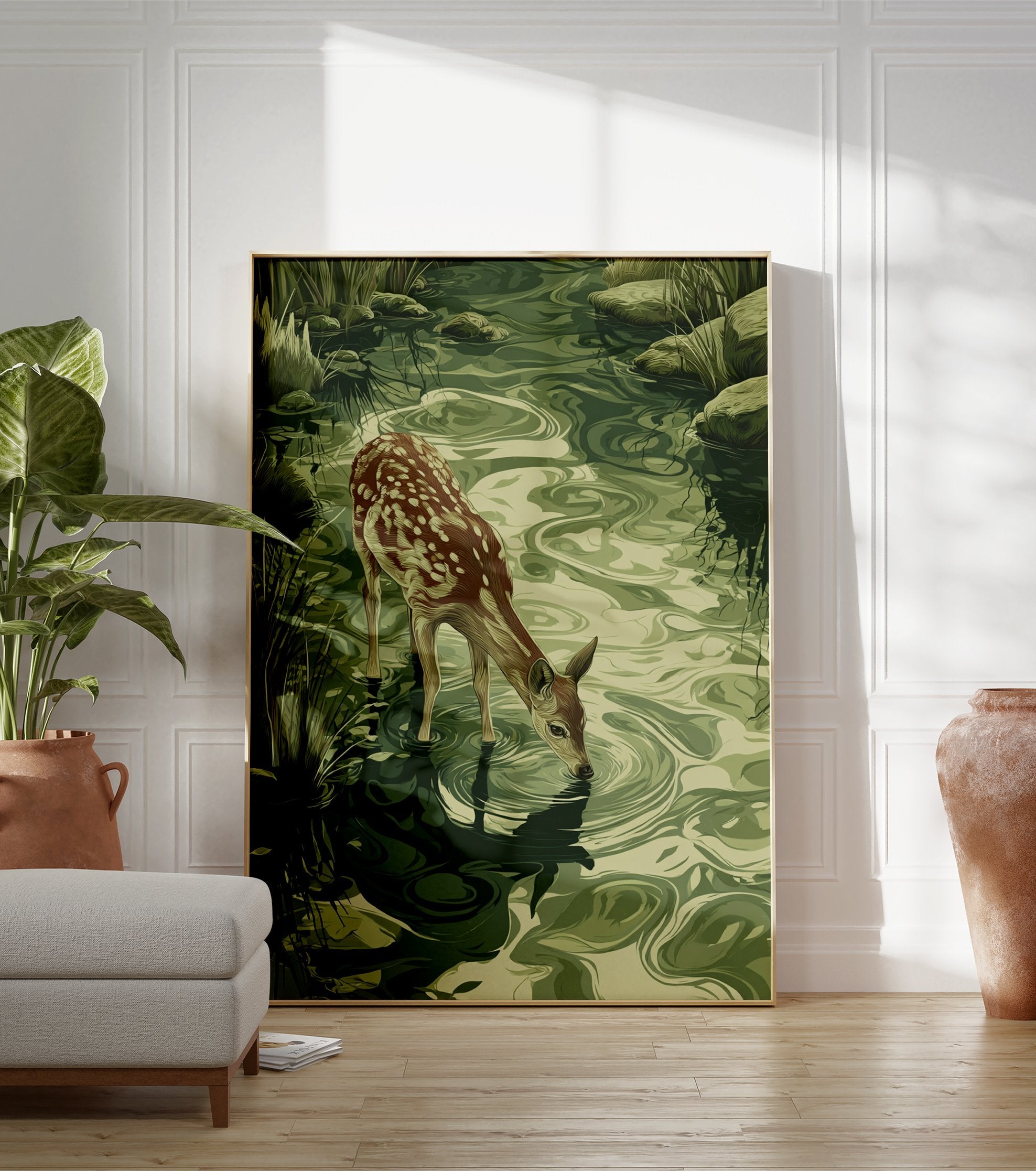 Fawn drinking poster, an illustration of a young deer at a green stream with ripples, surrounded by grass and rocks. - Image 3