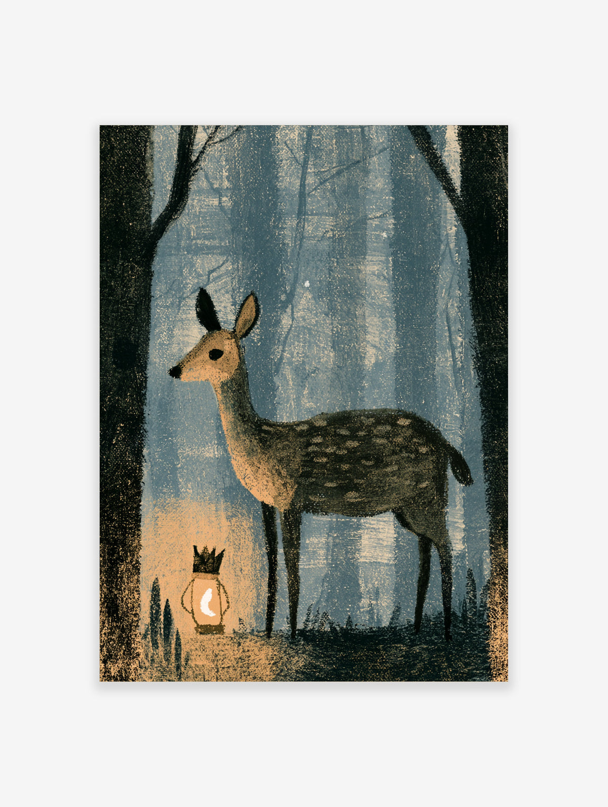Fawn in blue forest with lantern and crescent moon, woodland animal art print