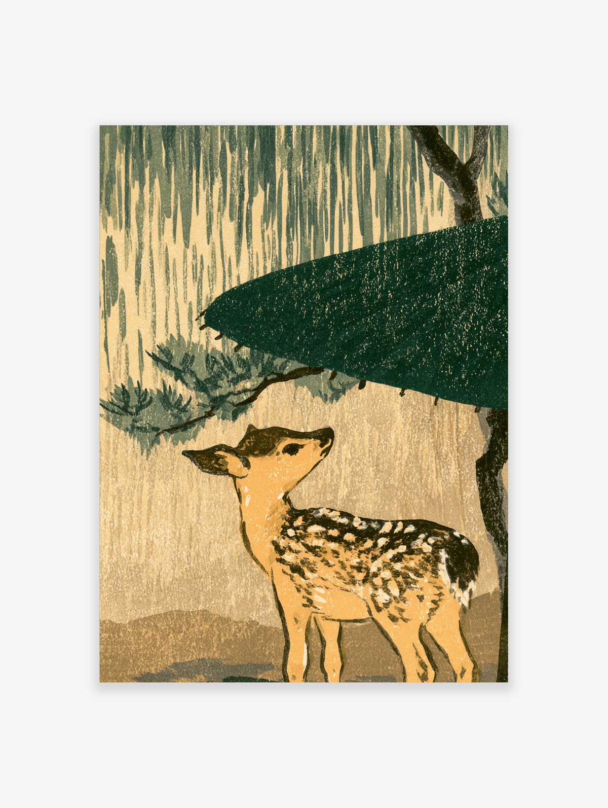 Spotted fawn under green pine canopy in heavy rain, Japanese woodblock style animal poster