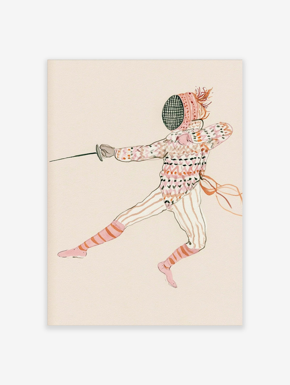 Colourful fencer lunging with sword in patterned jacket and mesh mask, sport poster illustration on cream background