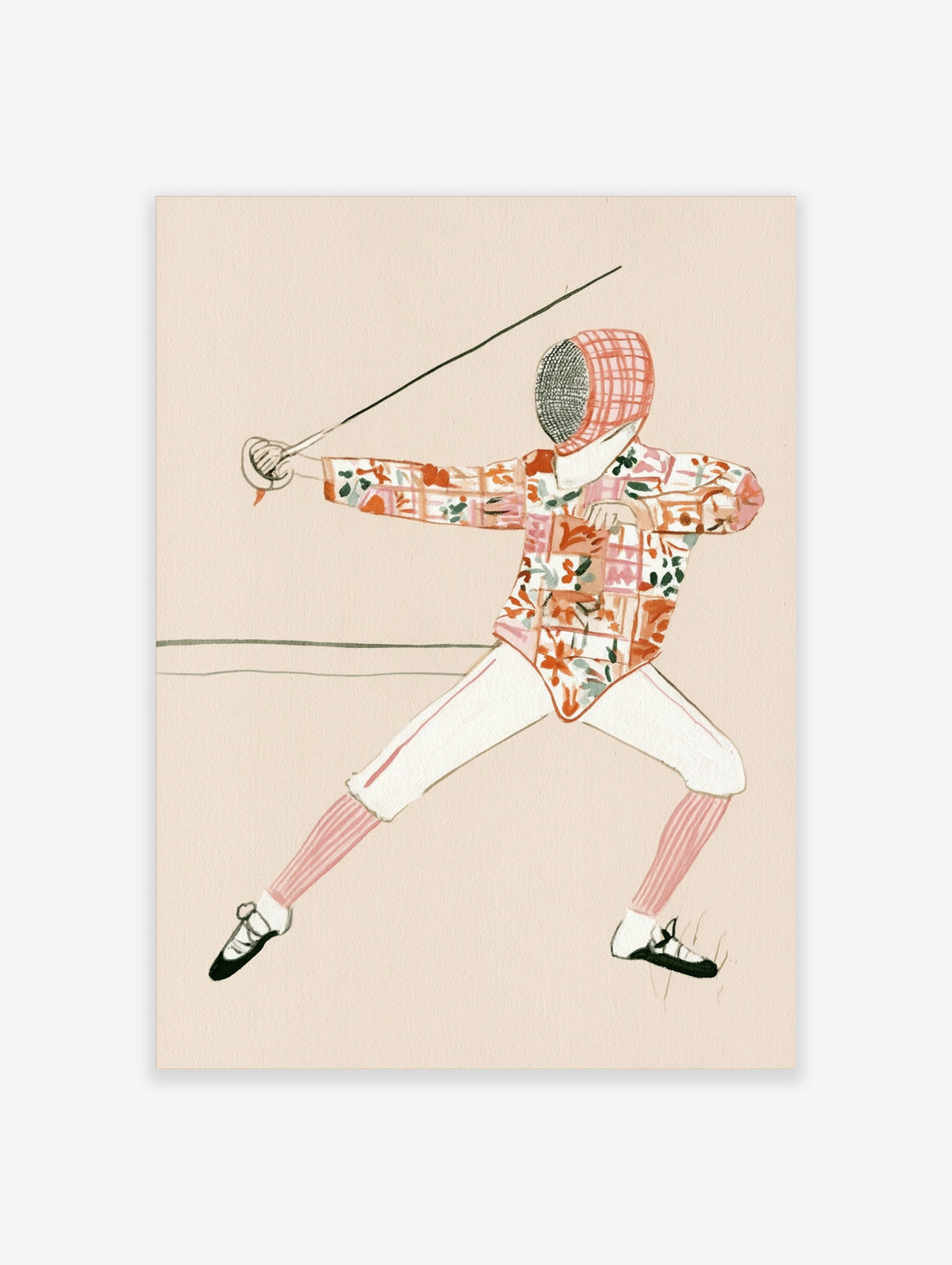 Fencing poster showing a fencer in floral jacket lunging with epee on beige background