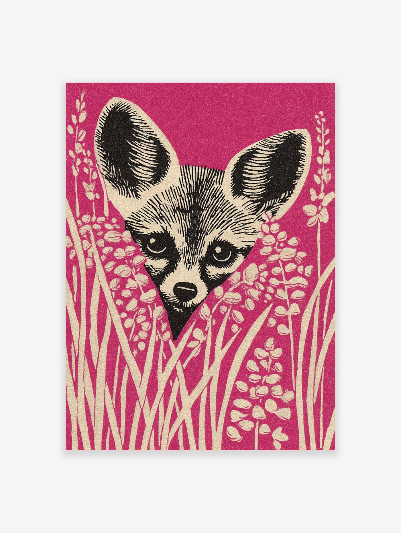 Fennec fox illustration with large ears, pink background, cream botanical stems, black and cream linework, portrait