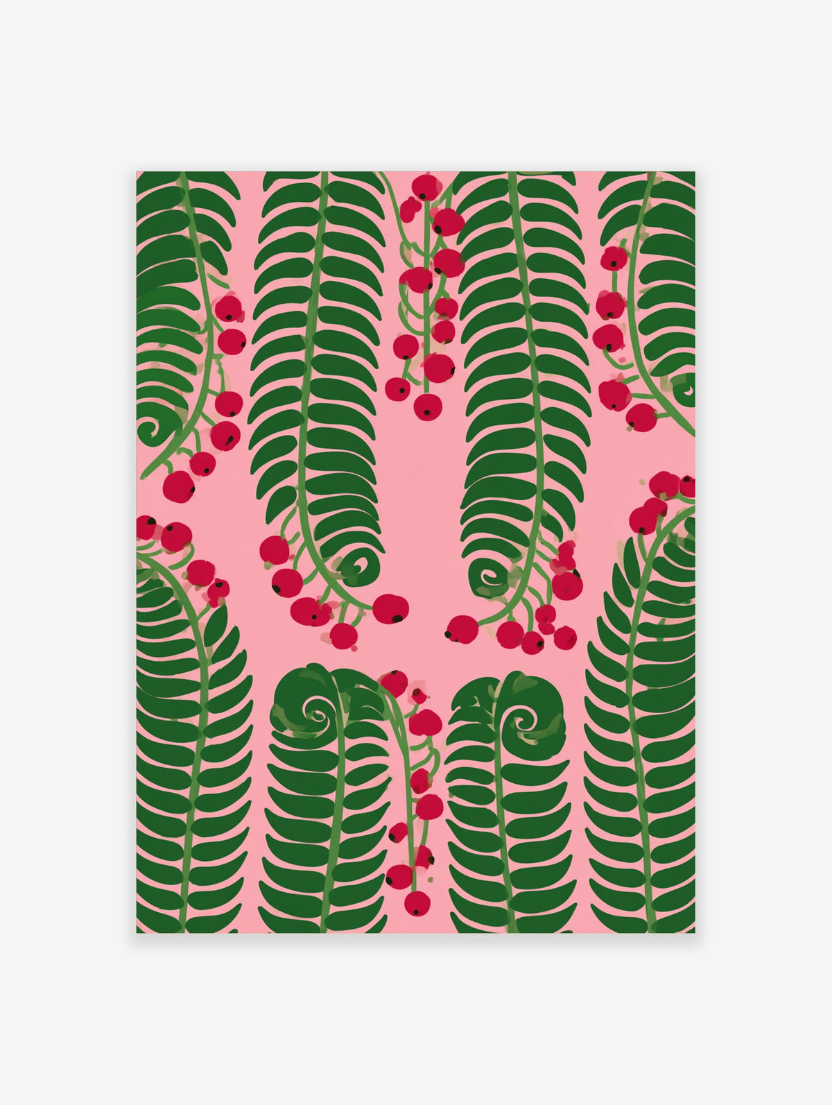 Green fern fronds with red berries on a pink background, botanical art print