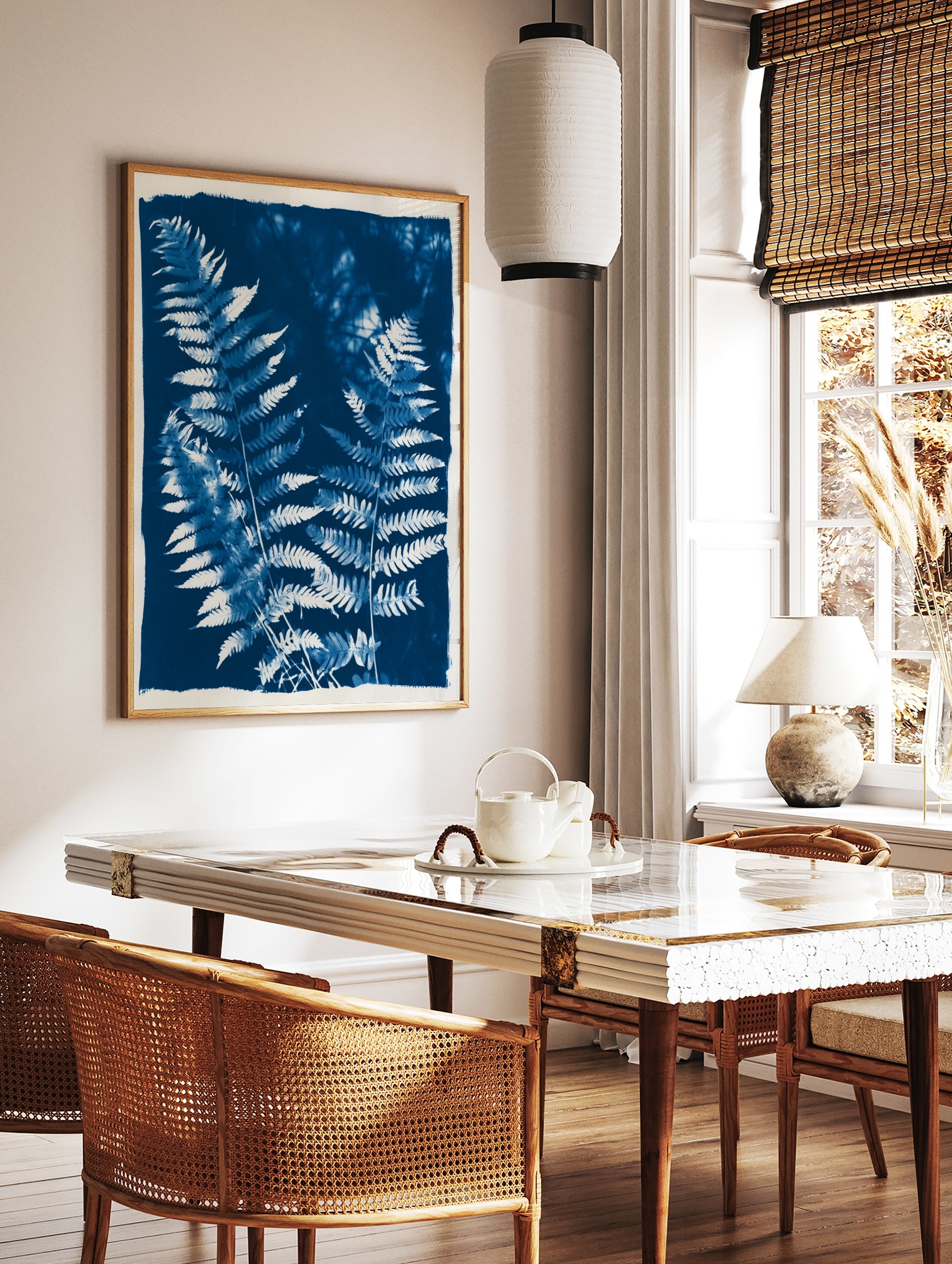 Detailed fern fronds in a blue and white cyanotype style botanical wall art print, in a styled room mockup
