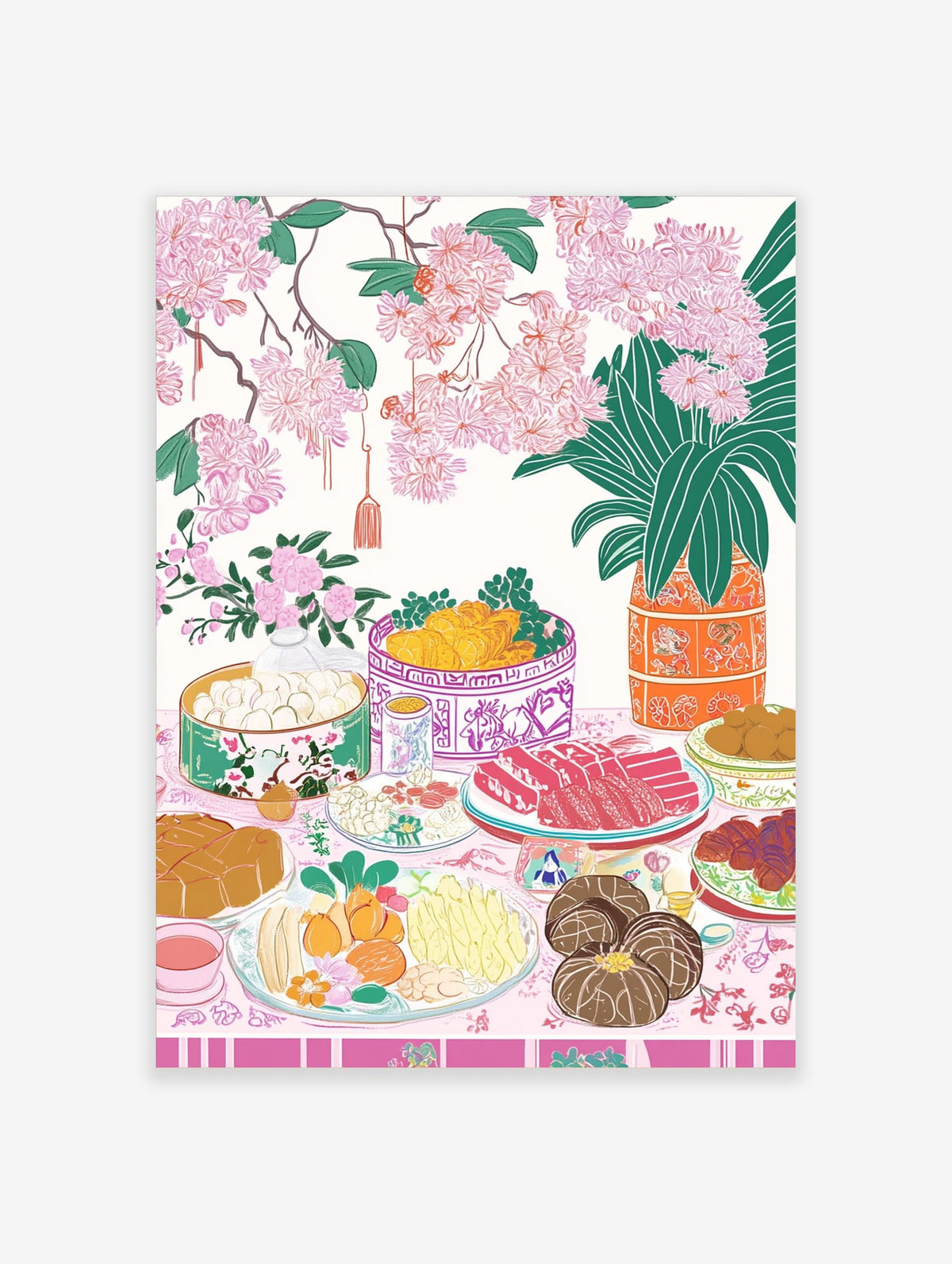 Illustrative art print of a festive table with food, pink cherry blossoms, and green foliage